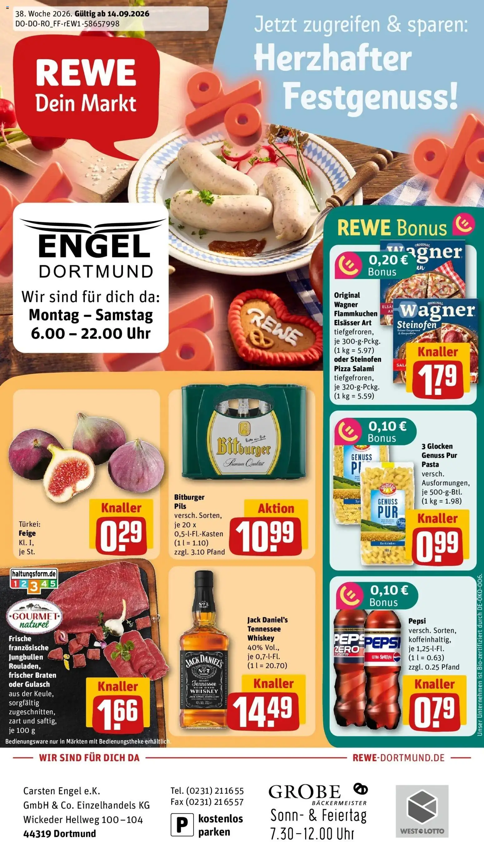 REWE Prospekt ab 14.09.2026 zum Blättern » Angebote | Seite: 1 | Produkte: Pepsi, Pasta, Salami, Whiskey