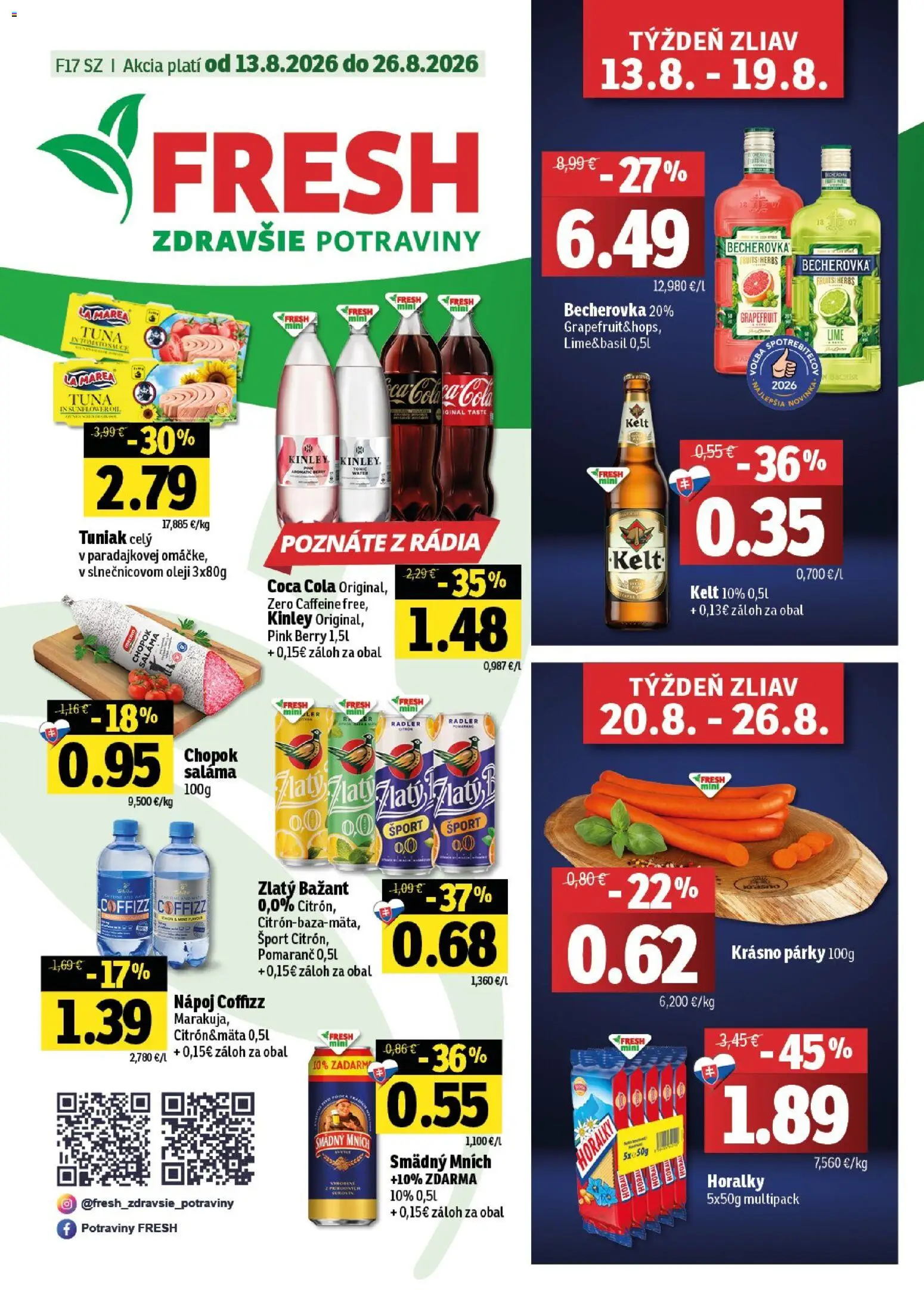 Nové Fresh akcie – leták je platný od 13.08.2026 | Strana: 1 | Produkty: Kelt, Grapefruit, Párky, Horálky