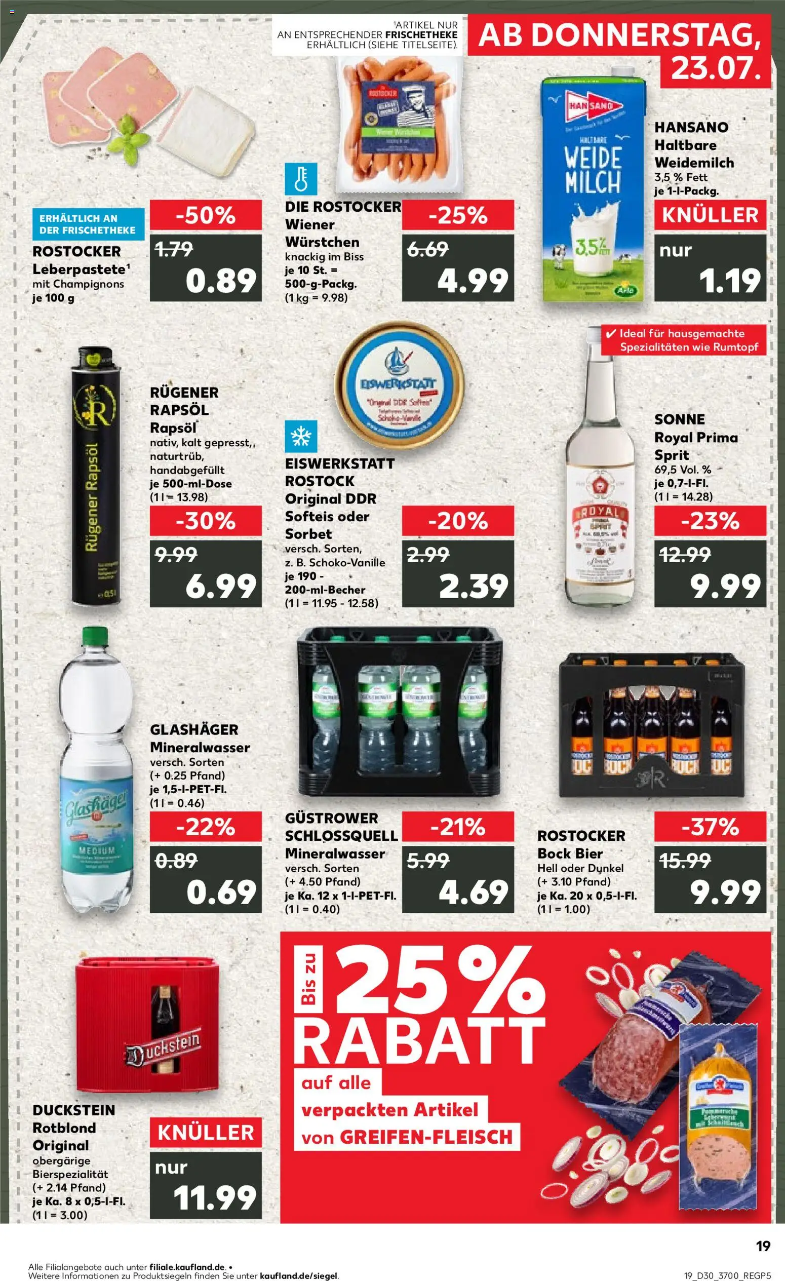 Kaufland Prospekt Rostock – gültig ab 23.07.2026 | Seite: 19 | Produkte: Milch, Bier, Mineralwasser, Champignons
