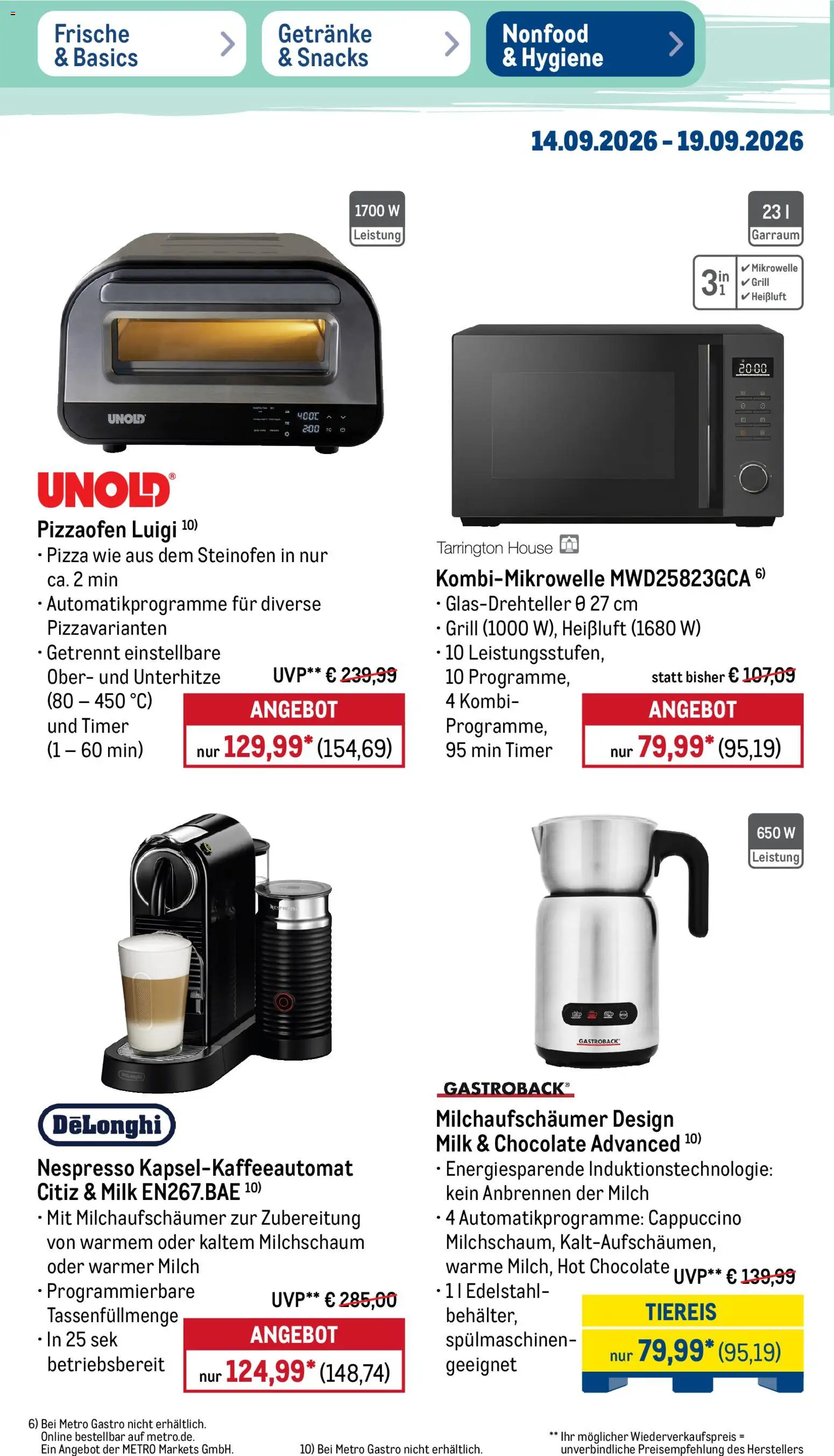Metro Prospekt – gültig ab 14.09.2026 | Seite: 40 | Produkte: Mikrowelle, Grill, Milch, Pizza