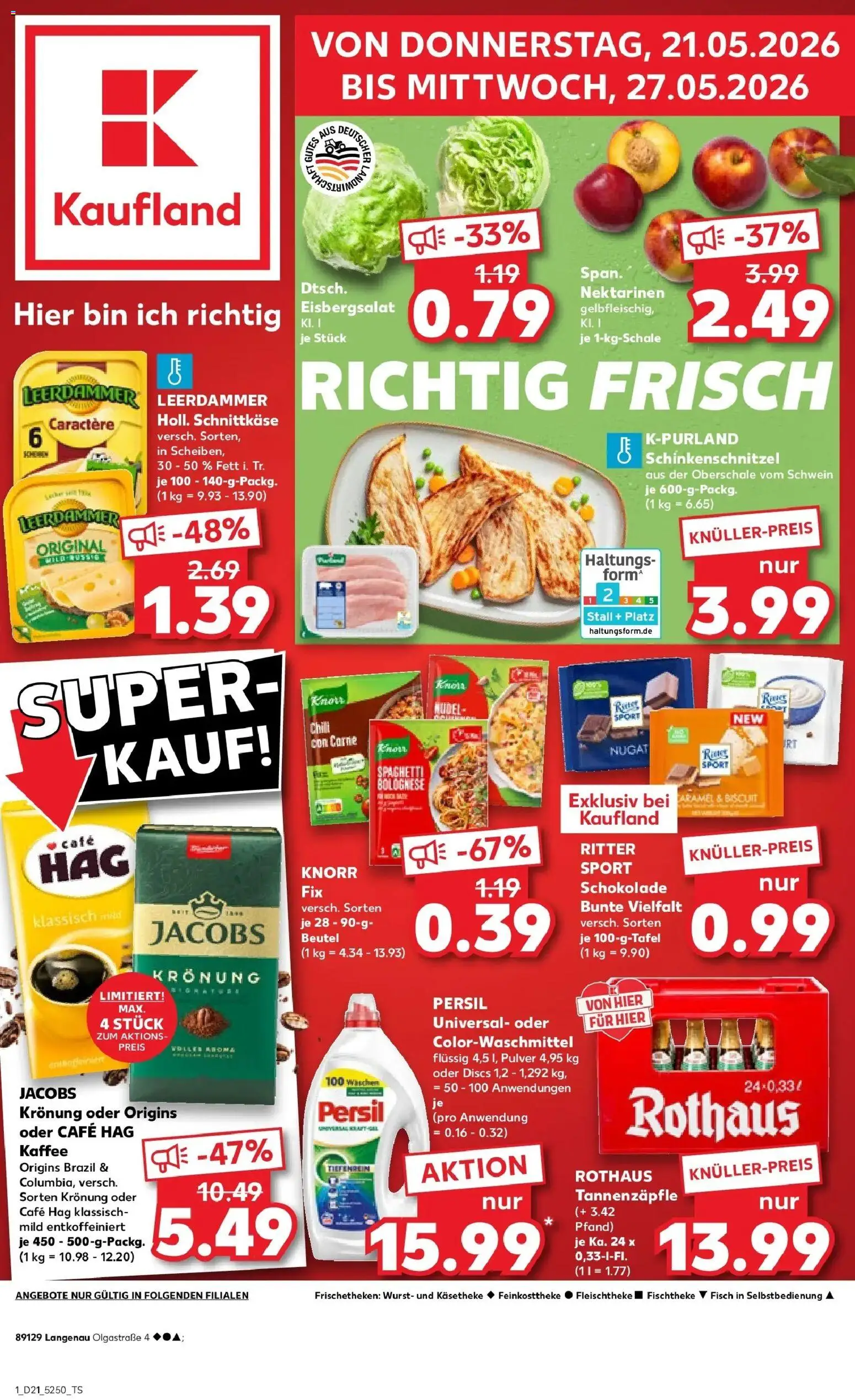 Kaufland Prospekt Langenau – gültig ab 21.05.2026 | Seite: 1 | Produkte: Kaffee, Schokolade, Knorr, Persil