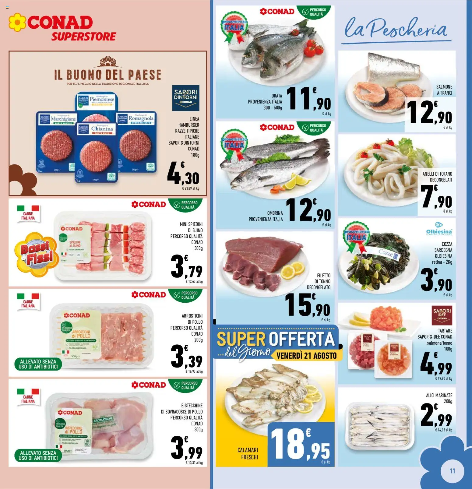 Volantino Conad del 12/08/2026 | Pagina: 11 | Prodotti: Salmone, Totano, Hamburger, Arrosticini