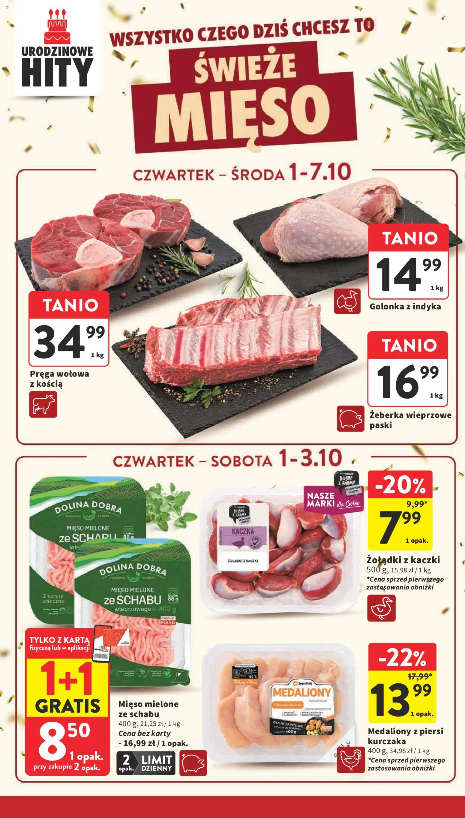Intermarche gazetka od 01.10.2026 | Strona: 16 | Produkty: Żeberka, Piersi, Mięso, Kaczka