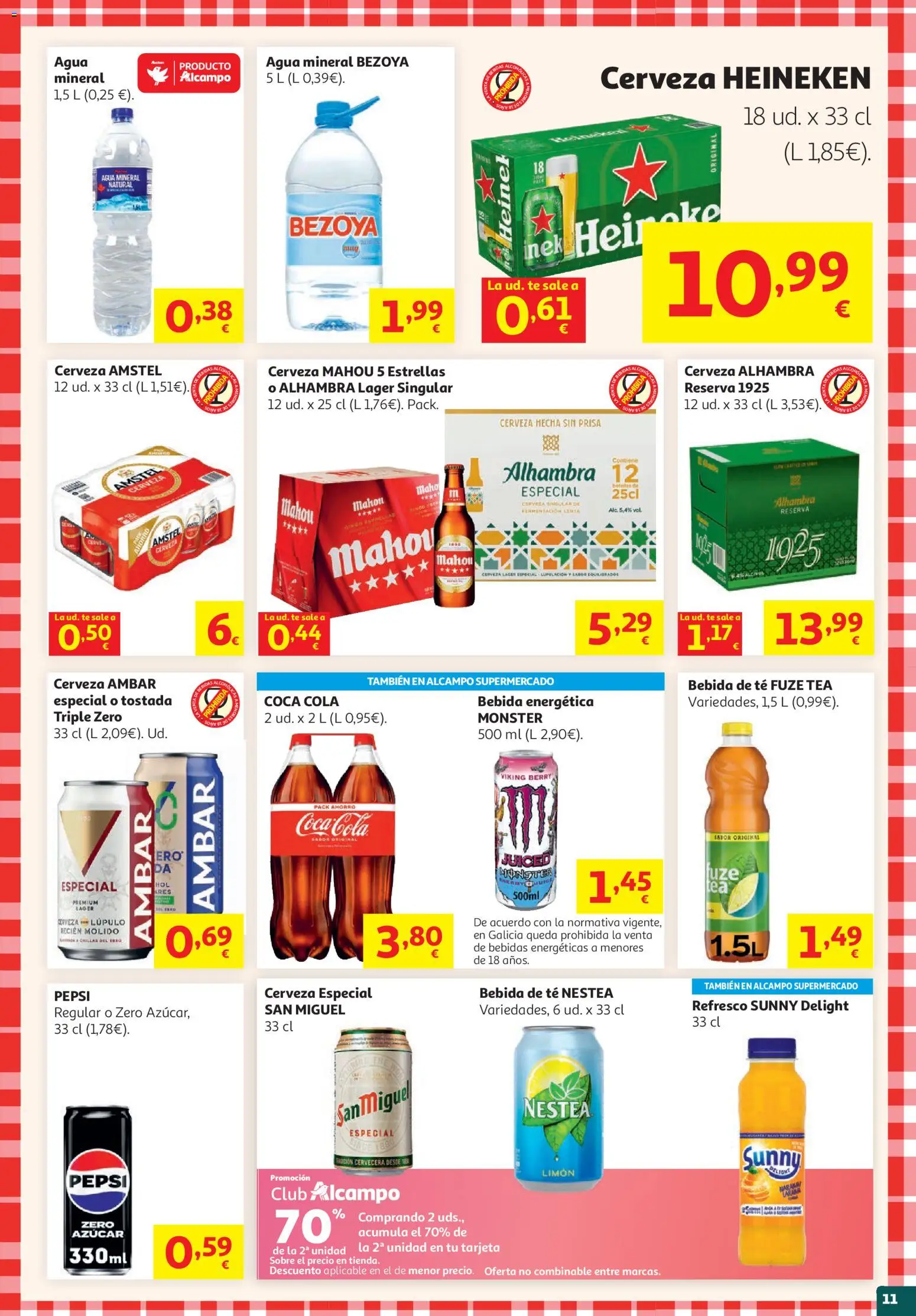 Alcampo HG Unico National │ válido desde el 19.05.2026 | Página: 11 | Productos: Cerveza, Té, Agua mineral, Σπανάκι