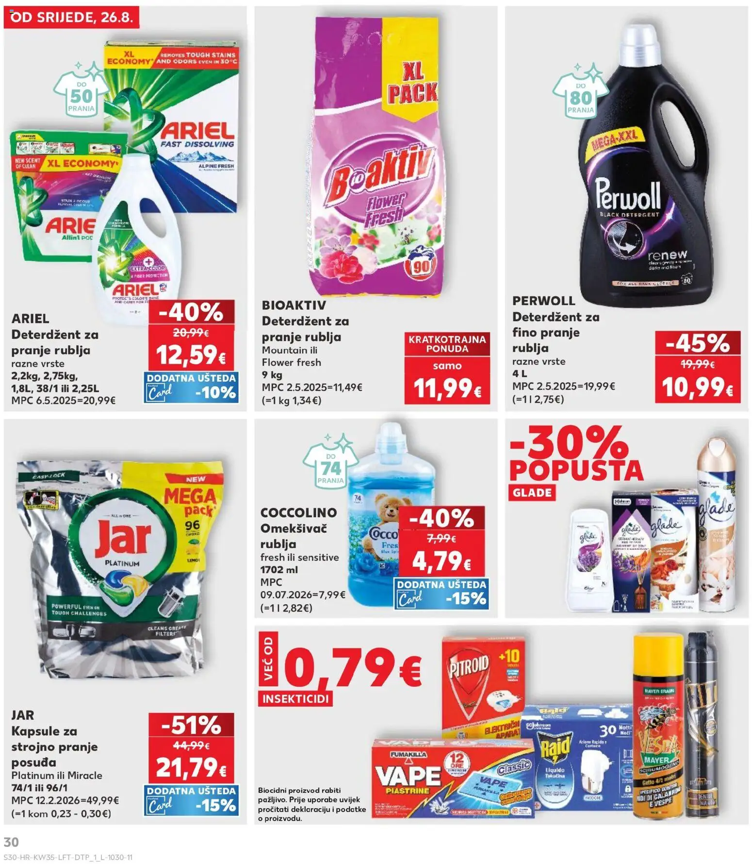 Kaufland HR akciós ujság - amely érvényes a következő dátumtól: 2026.08.26. | Oldal: 30 | Termékek: Ariel, Coccolino, Perwoll