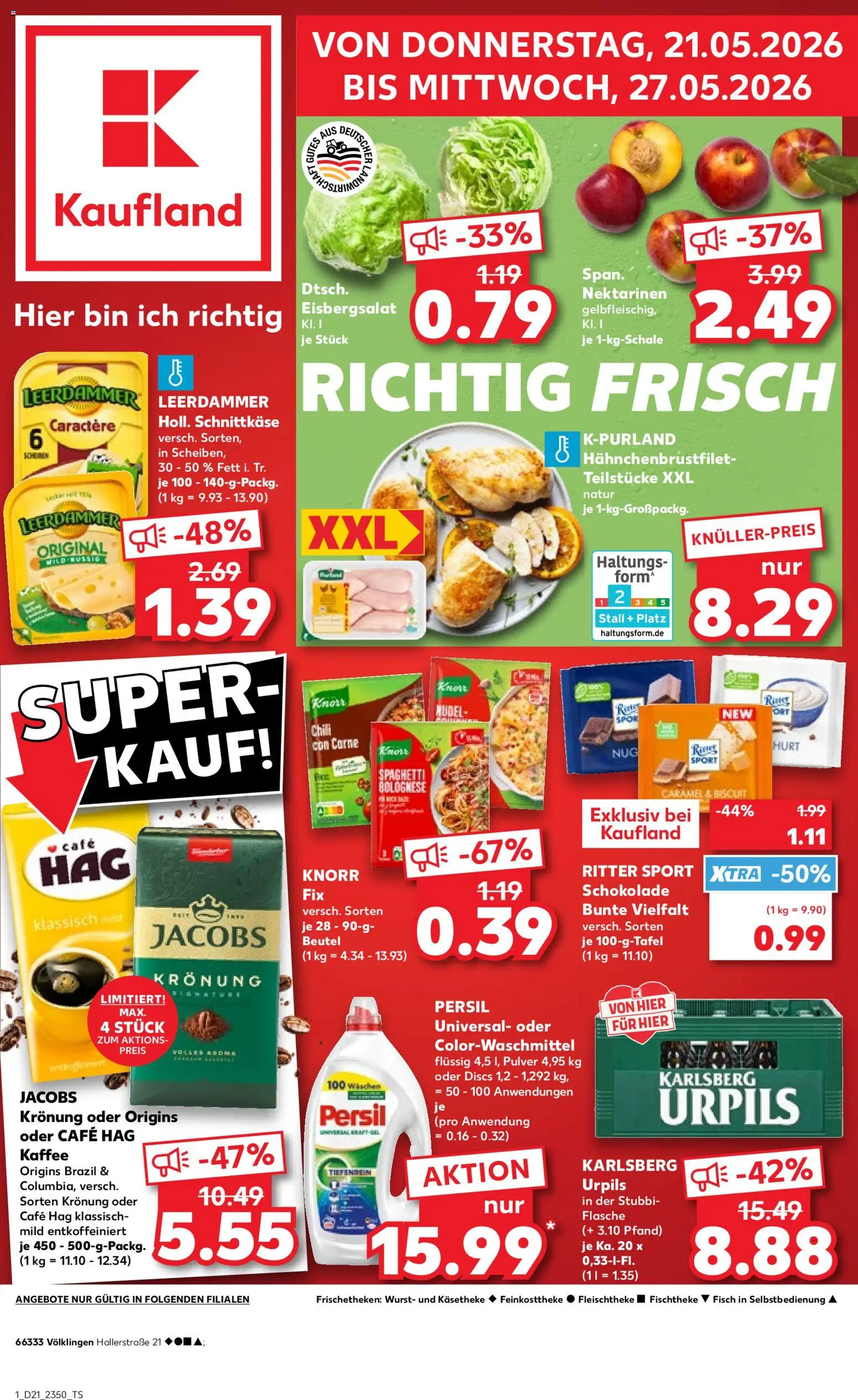 Kaufland Prospekt Völklingen	 – gültig ab 21.05.2026 | Seite: 1 | Produkte: Kaffee, Schokolade, Eisbergsalat, Persil