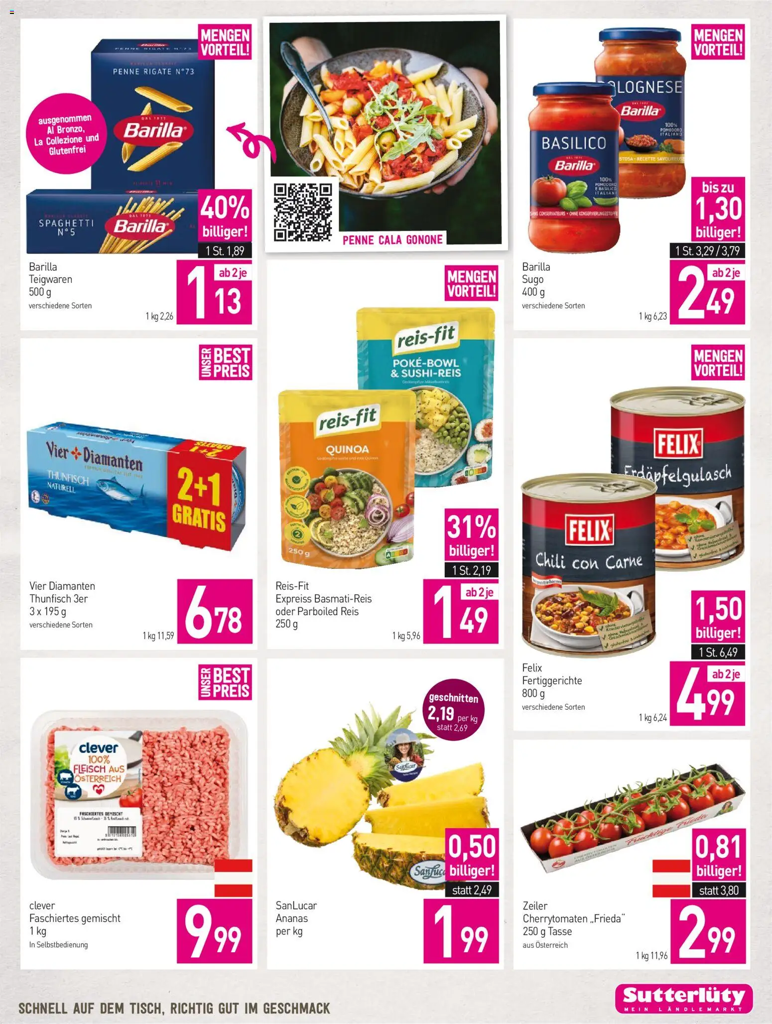 Sutterlüty Flugblatt gültig ab 31.08.2026 | Seite: 3 | Produkte: Fertiggerichte, Barilla, Spaghetti, Ananas