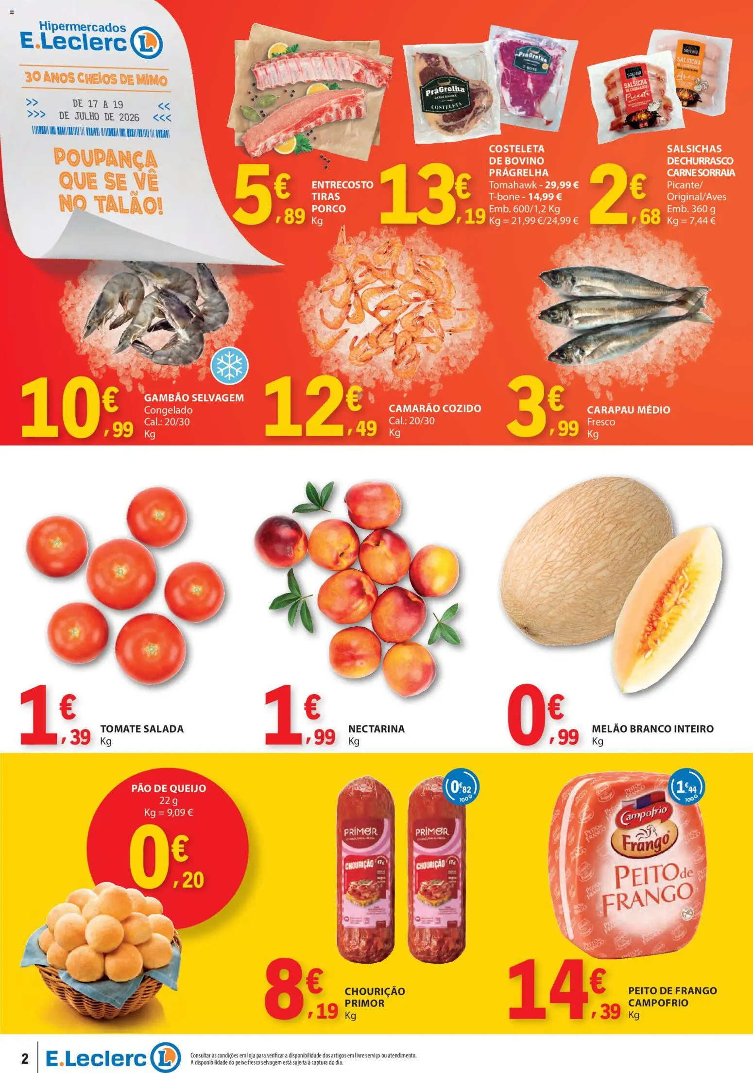 E.Leclerc Catálogo Fim de Semana │ válido de 17/07/2026 | Página: 2 | Produtos: Peito de frango, Salsicha, Pão, Carne