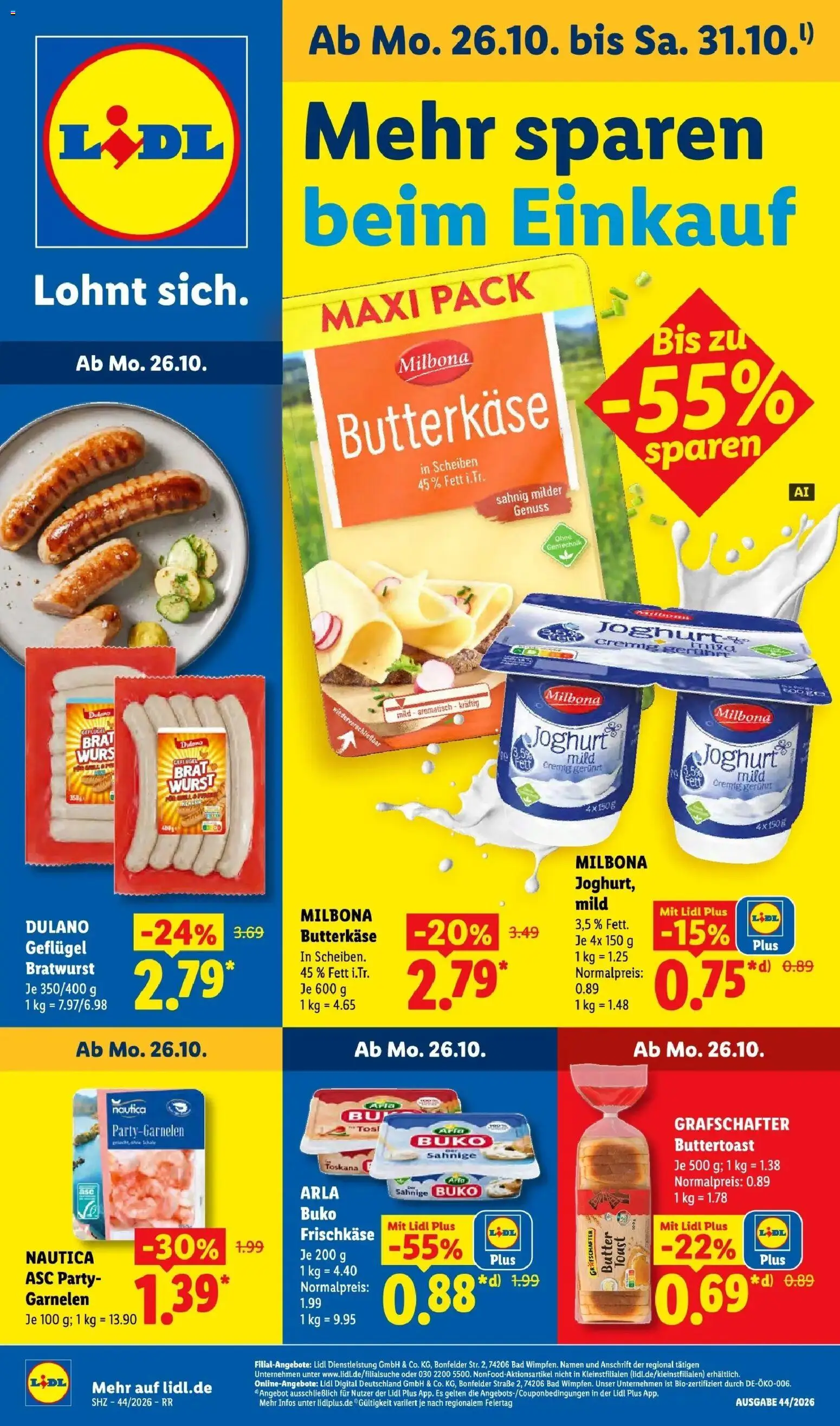Lidl Prospekt Zülpich (ab 26.10.2026) zum Blättern » Angebote | Seite: 1 | Produkte: Toast, Garnelen, Wurst, Frischkase