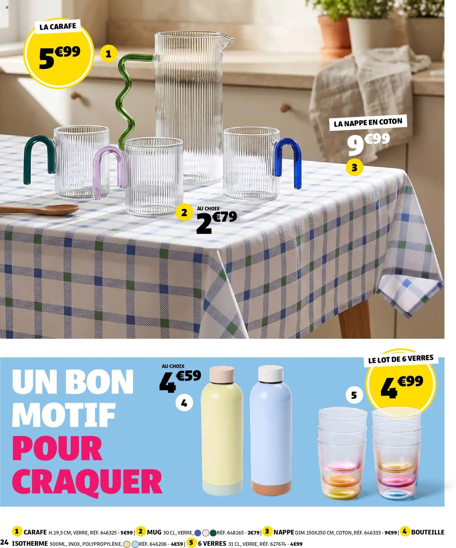 {H1} | Page: 24 | Produits: Carafe, Nappe, Bouteille, Verres