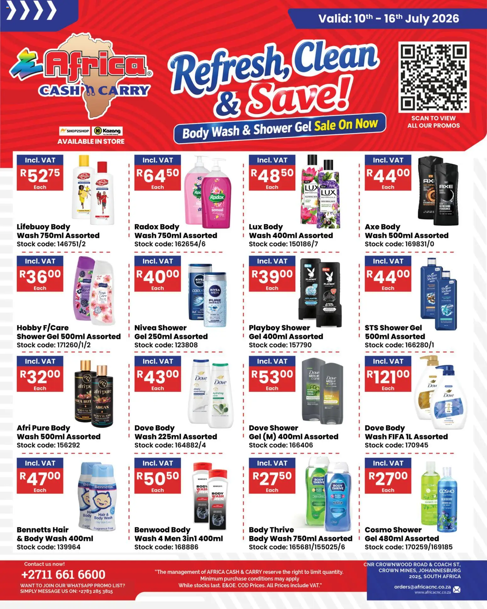 New Africa Cash & Carry catalogue – valid from 10/07/2026 | Page: 1 | Products: Shower, Stock, Shower gel, Body wash