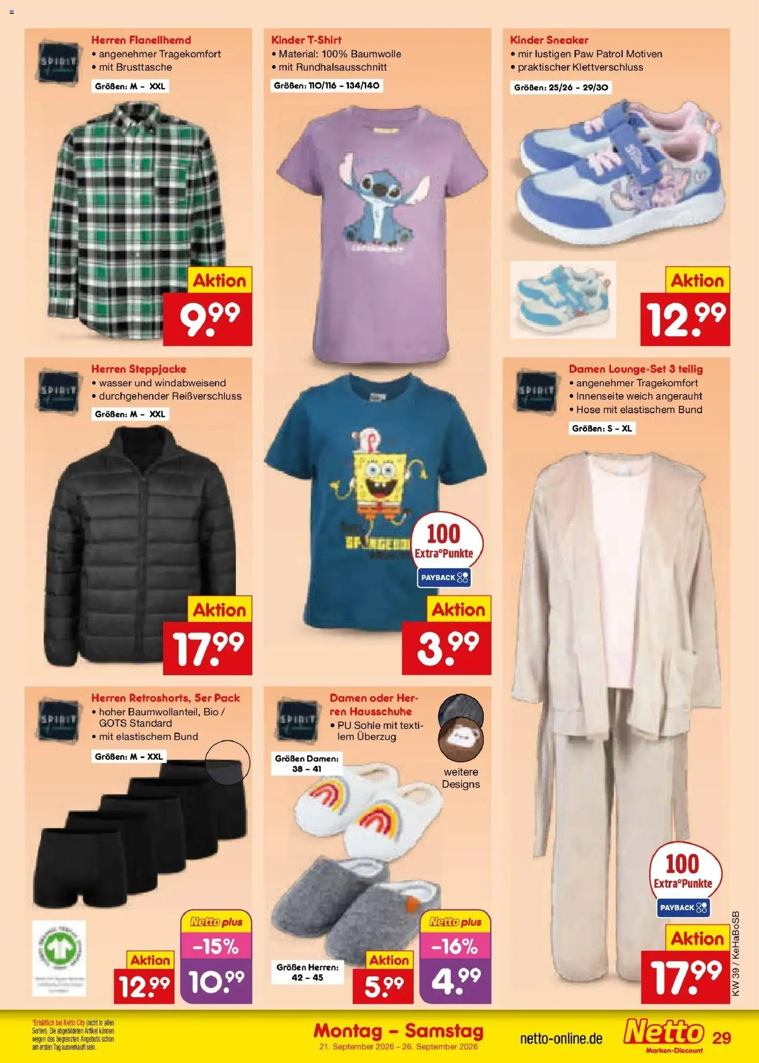 Netto Marken-Discount Prospekt Unna – gültig ab 21.09.2026 | Seite: 43 | Produkte: Steppjacke, Wasser, Hose, Hausschuhe