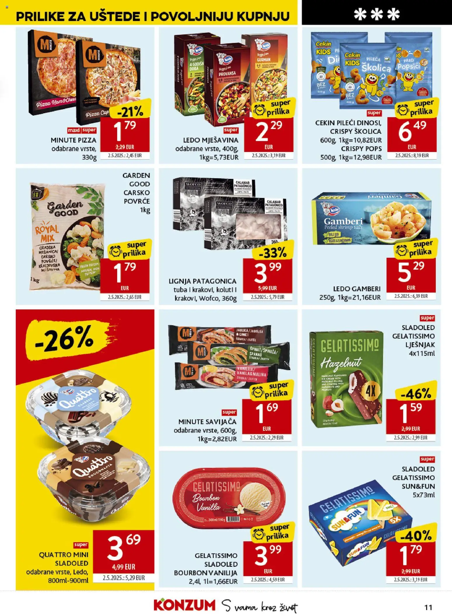 Konzum katalog | vrijedi od 08.04.2026 | Stranica: 11 | Proizvodi: Pizza, Ledo, Sladoled, Lignja Patagonica