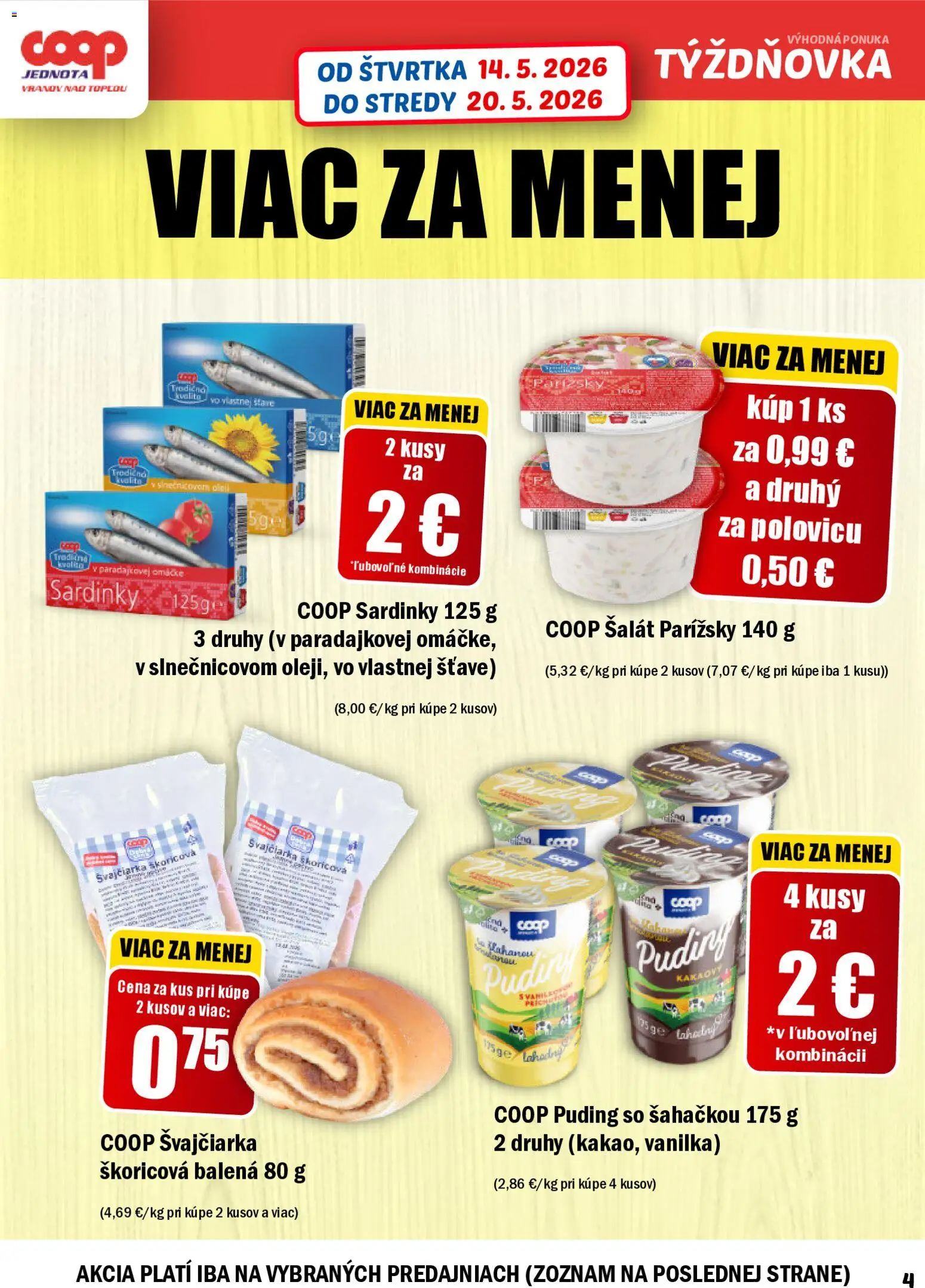 Nové COOP Jednota akcie – leták je platný od 14.05.2026 | Strana: 4 | Produkty: Sardinky, Puding, Šalát