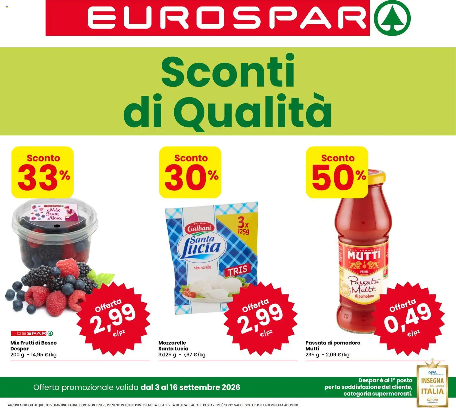 Volantino Eurospar del 03/09/2026 | Pagina: 1 | Prodotti: Frutti di bosco, Mozzarella, Pomodoro, Mutti