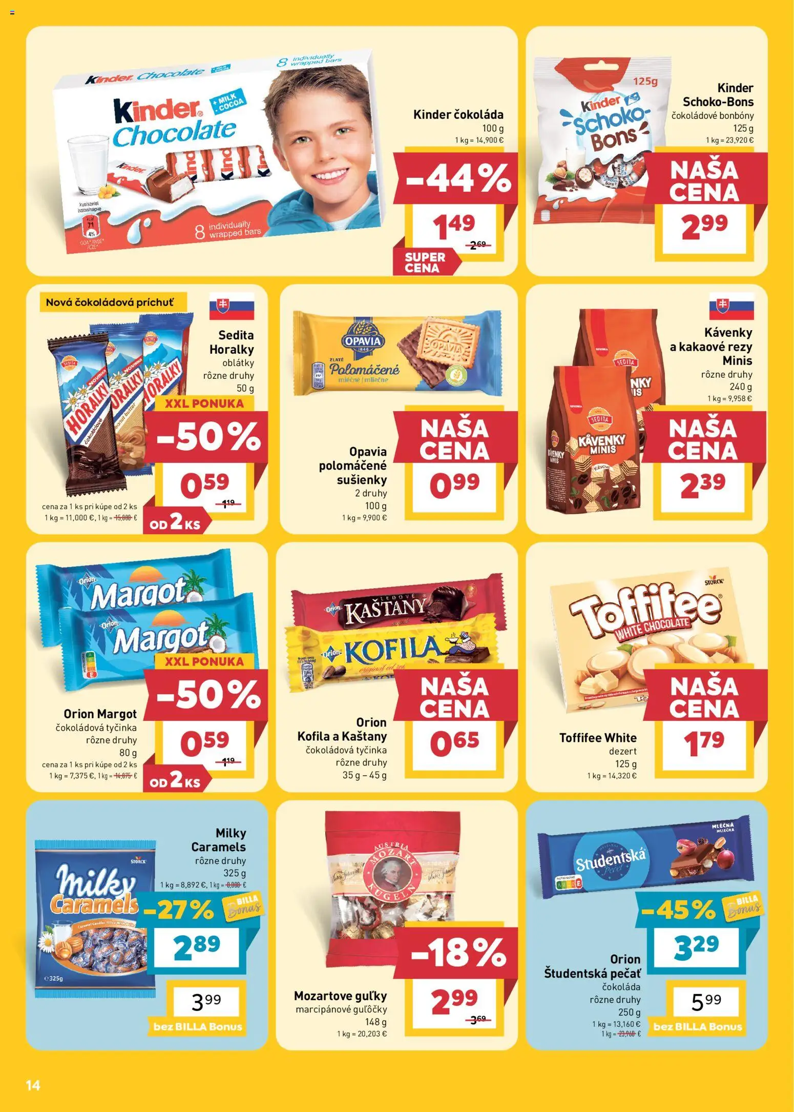 Nové Billa akcie – leták je platný od 23.09.2026 | Strana: 14 | Produkty: Kinder, Pór, Čokoládová tyčinka, Oblátky