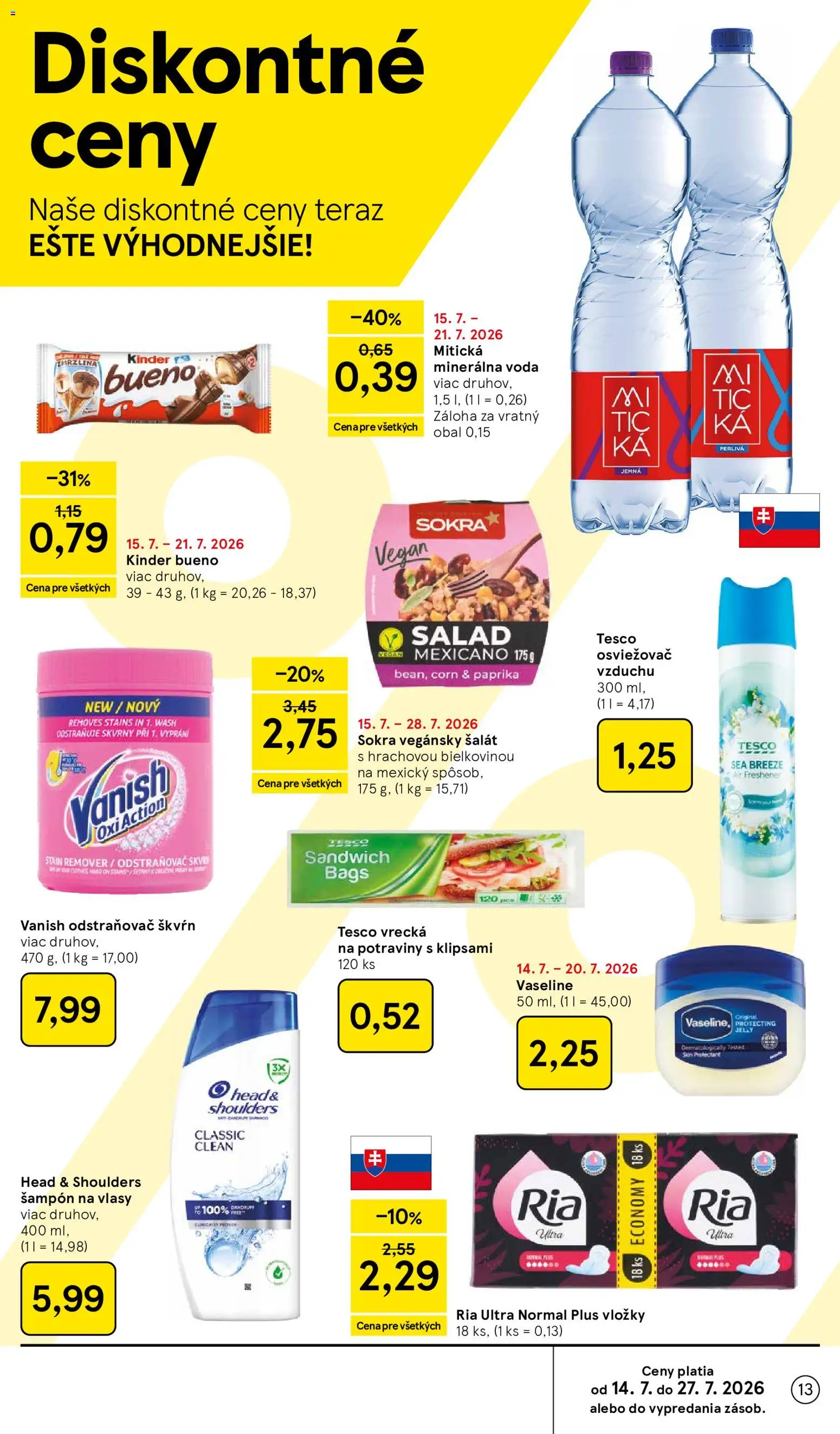 Nové Tesco akcie – leták je platný od 15.07.2026 | Strana: 13 | Produkty: Osviežovač vzduchu, Kinder, Šalát, Mitická