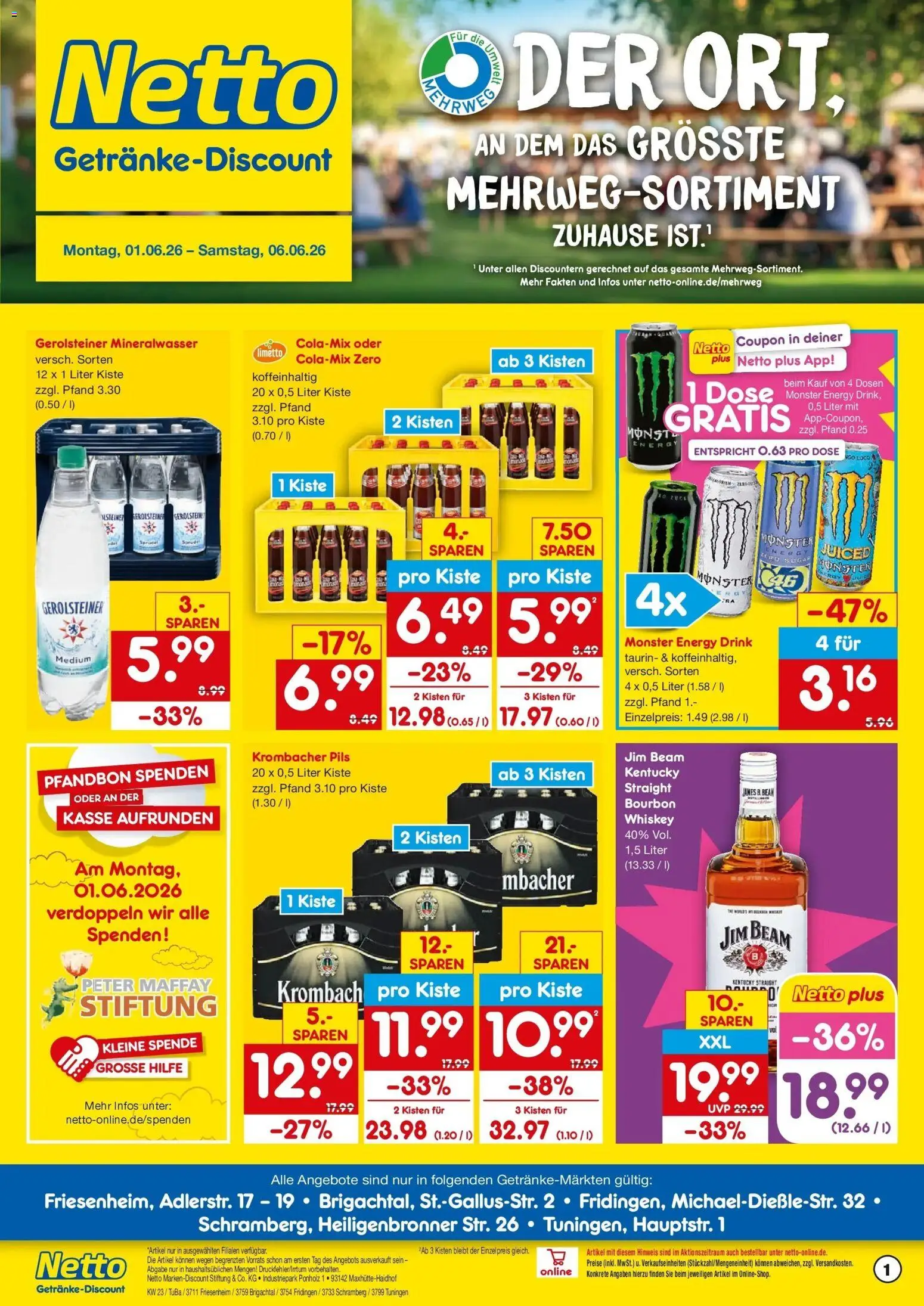 Netto Marken-Discount Prospekt Friesenheim – gültig ab 01.06.2026 | Seite: 1 | Produkte: Energy, Pils, Mineralwasser, Bourbon