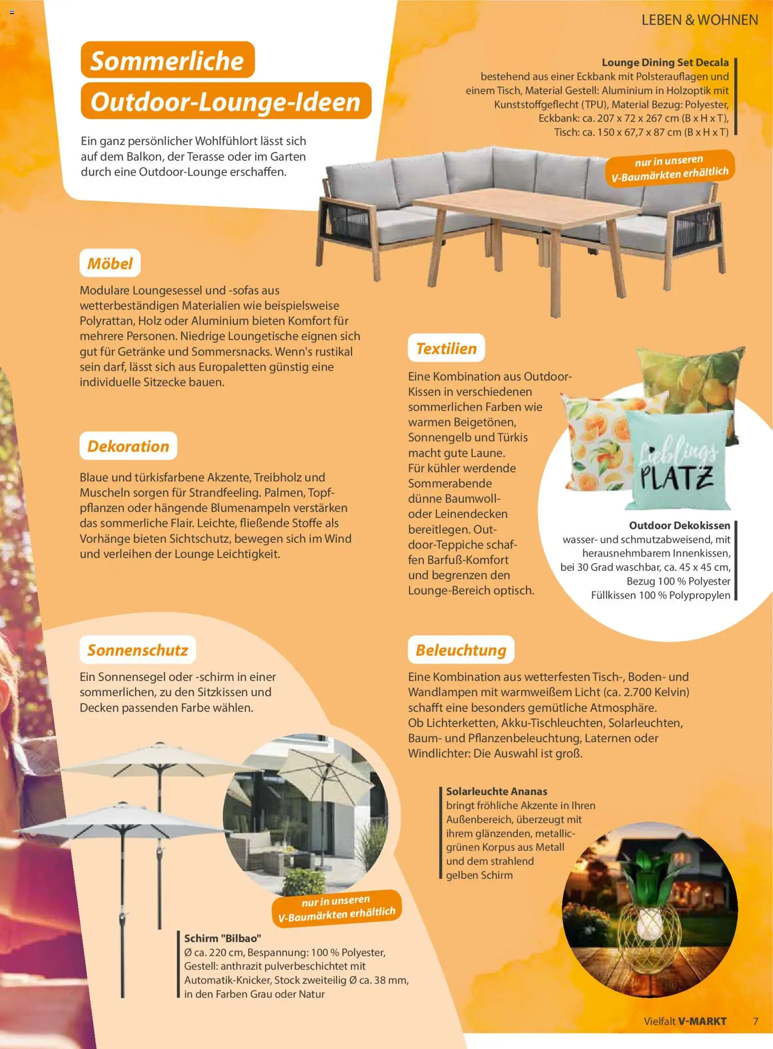 V-Markt Vielfalt Mai / Juni – gültig ab 01.05.2026 | Seite: 7 | Produkte: Kissen, Tisch, Wasser, Solarleuchte