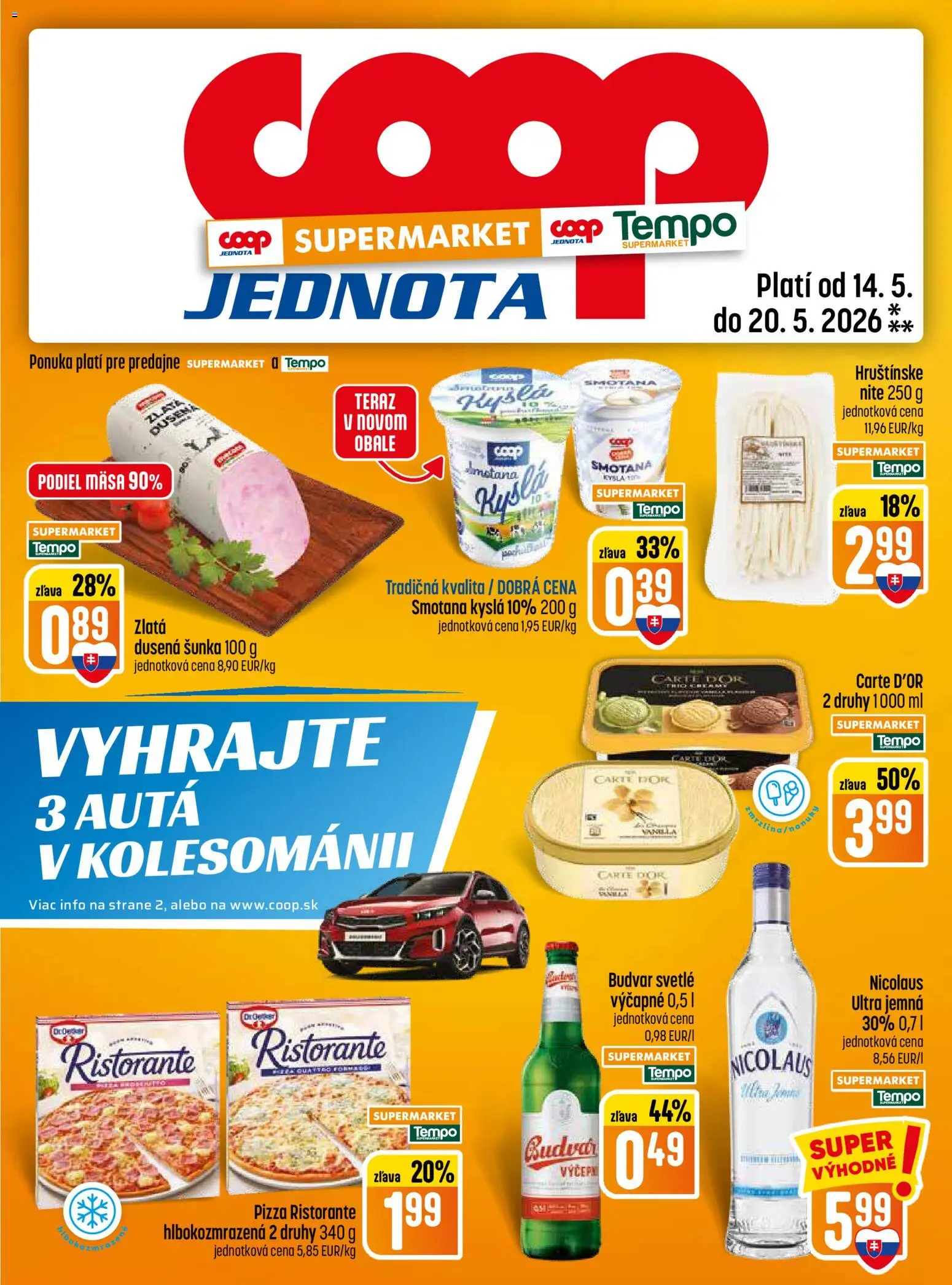 Nové COOP Jednota akcie – leták je platný od 14.05.2026 | Strana: 13 | Produkty: Šunka, Pizza, Smotana, Budvar