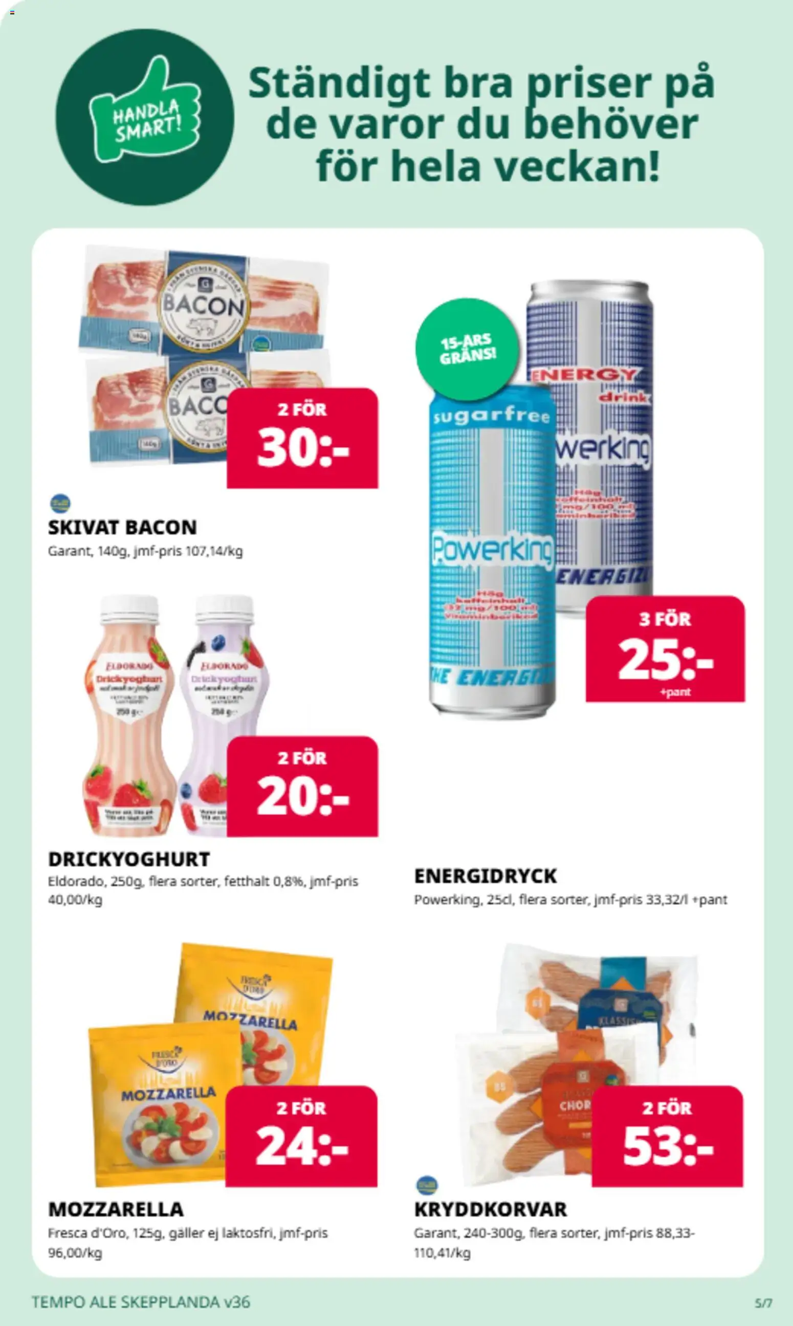 Tempo reklamblad aktuell från 31/08/2026 | Sida: 6 | Produkter: Mozzarella, Bacon, Galler, Energidryck