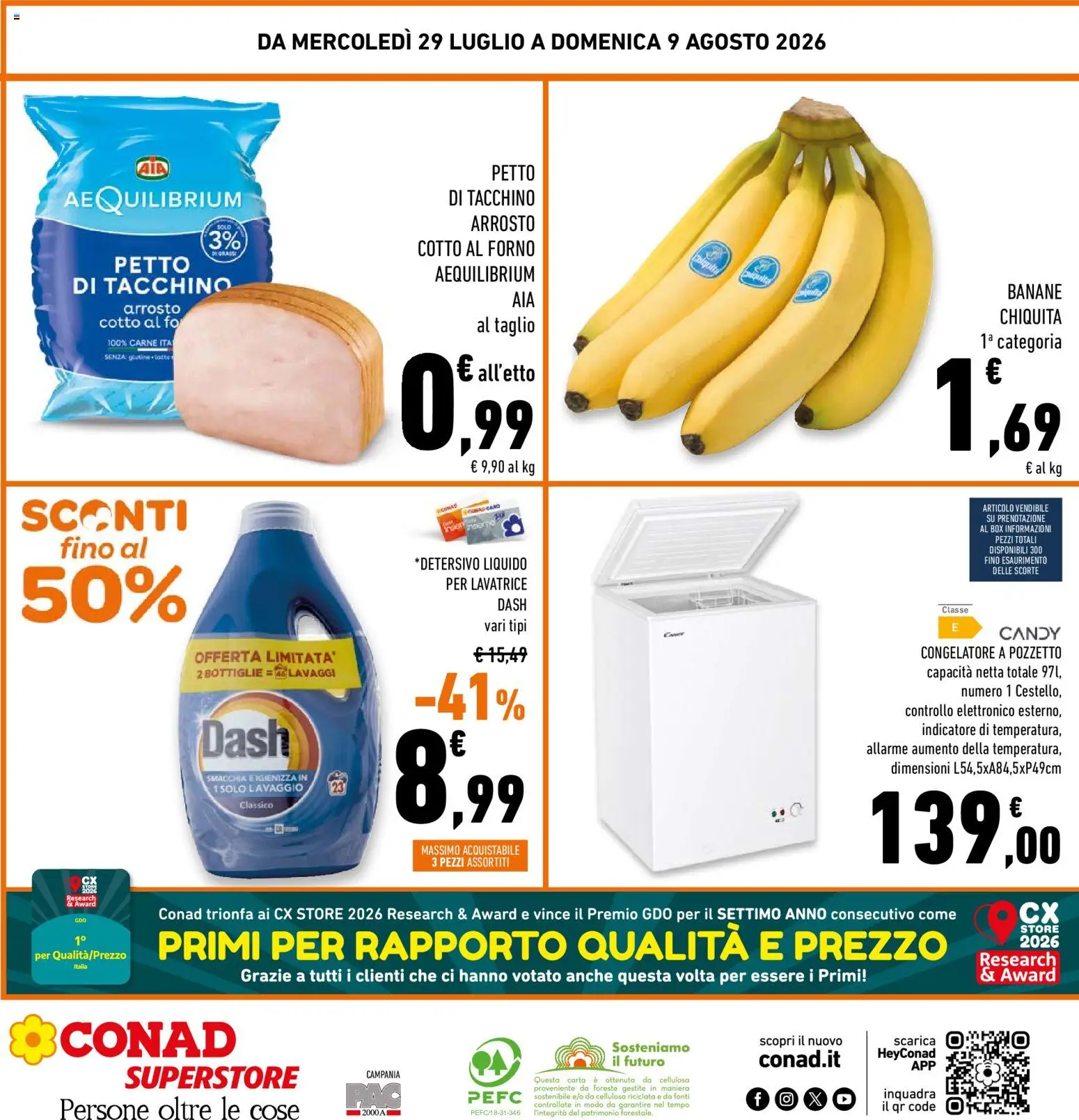 Volantino Conad del 29/07/2026 | Pagina: 32 | Prodotti: Banane, Tacchino, Lavatrice, Congelatore