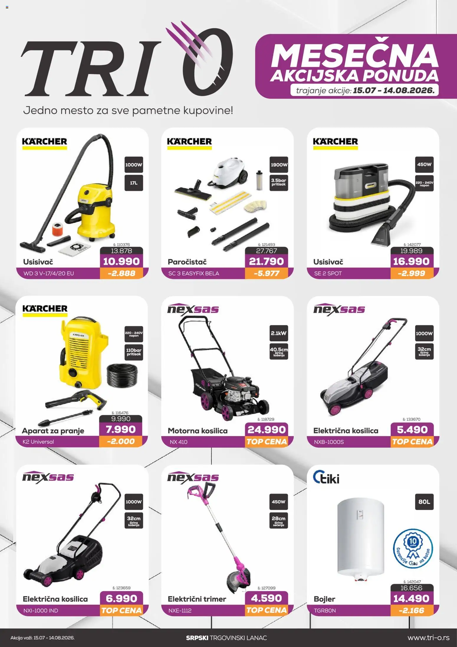 Tri O katalog - važi od 15.07.2026 | Strana: 1 | Proizvode: Usisivač, Kosilica, Paročistač, Trimer