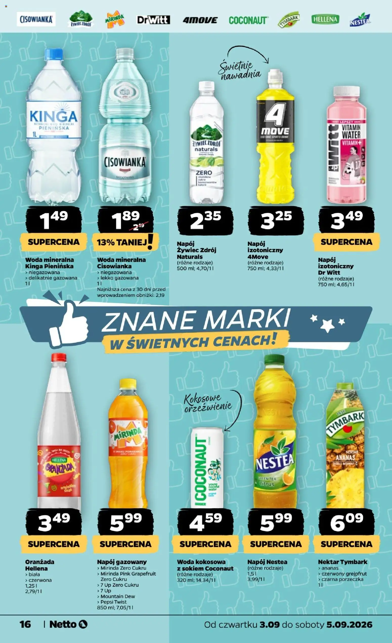 Netto gazetka od czwartku od 03.09.2026 | Strona: 16 | Produkty: Woda mineralna, Pepsi, Grejpfrut, Woda