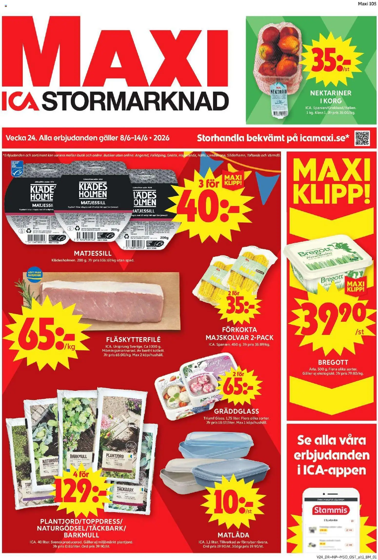ICA Maxi reklamblad aktuell från 08.06.2026 | Sida: 1 | Produkter: Täckbark, Bregott, Nektarin, Matlåda