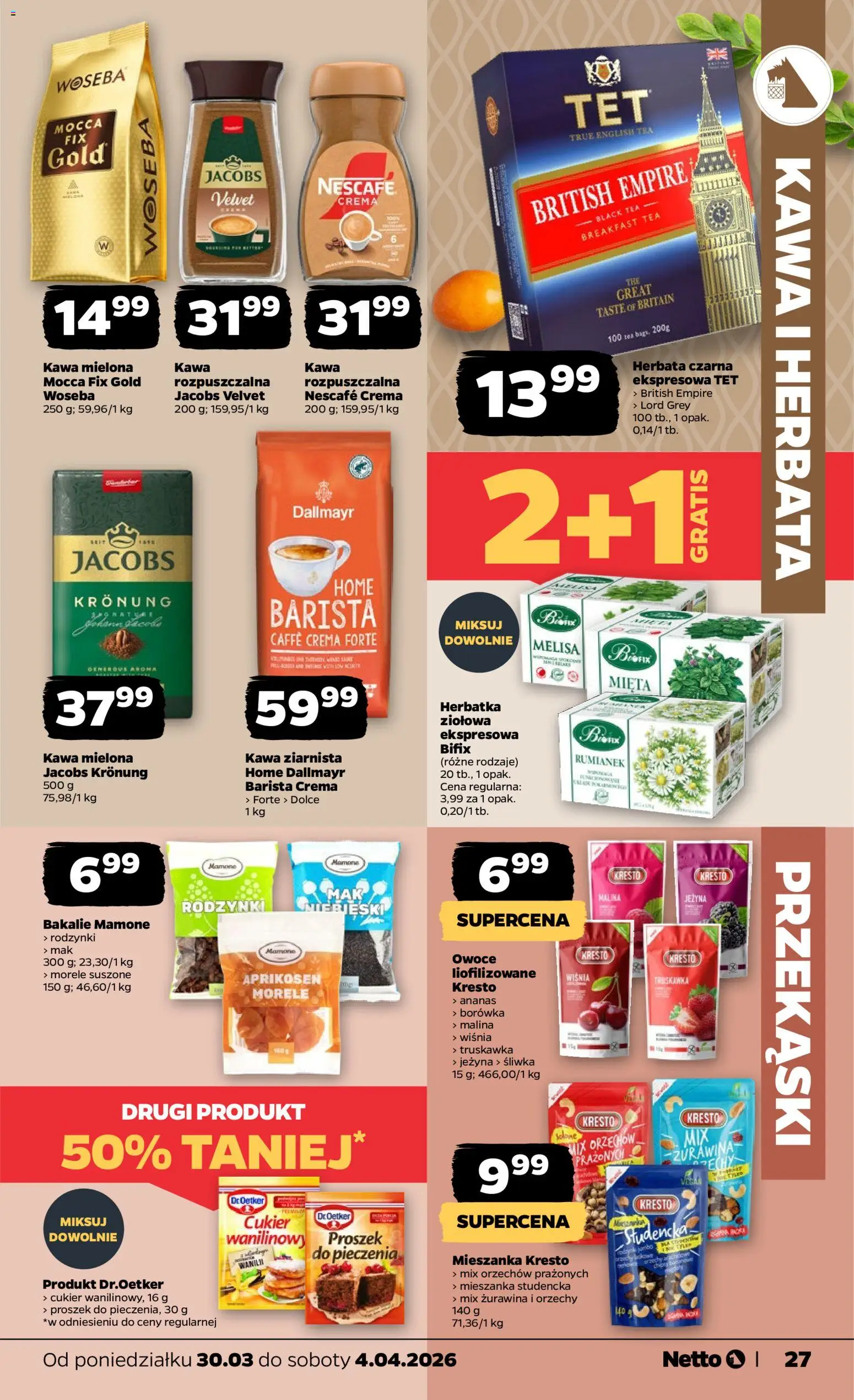 Netto gazetka od poniedziałku spożywcza od 30.03.2026 | Strona: 27 | Produkty: Żurawina, Kawa, Orzechy, Rodzynki