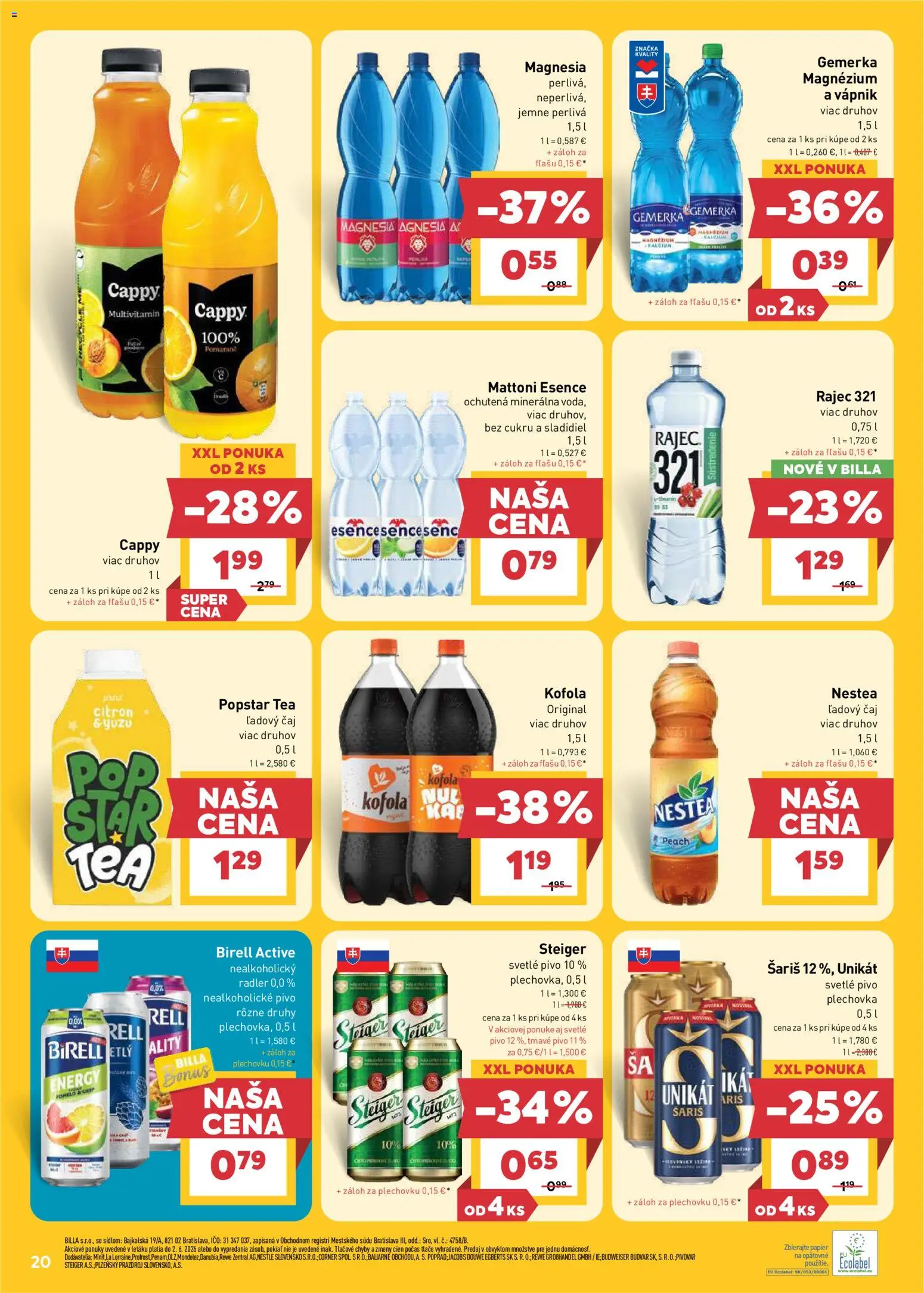 Nové Billa akcie – leták je platný od 27.05.2026 | Strana: 20 | Produkty: Čaj, Radler, Magnesia, Mattoni