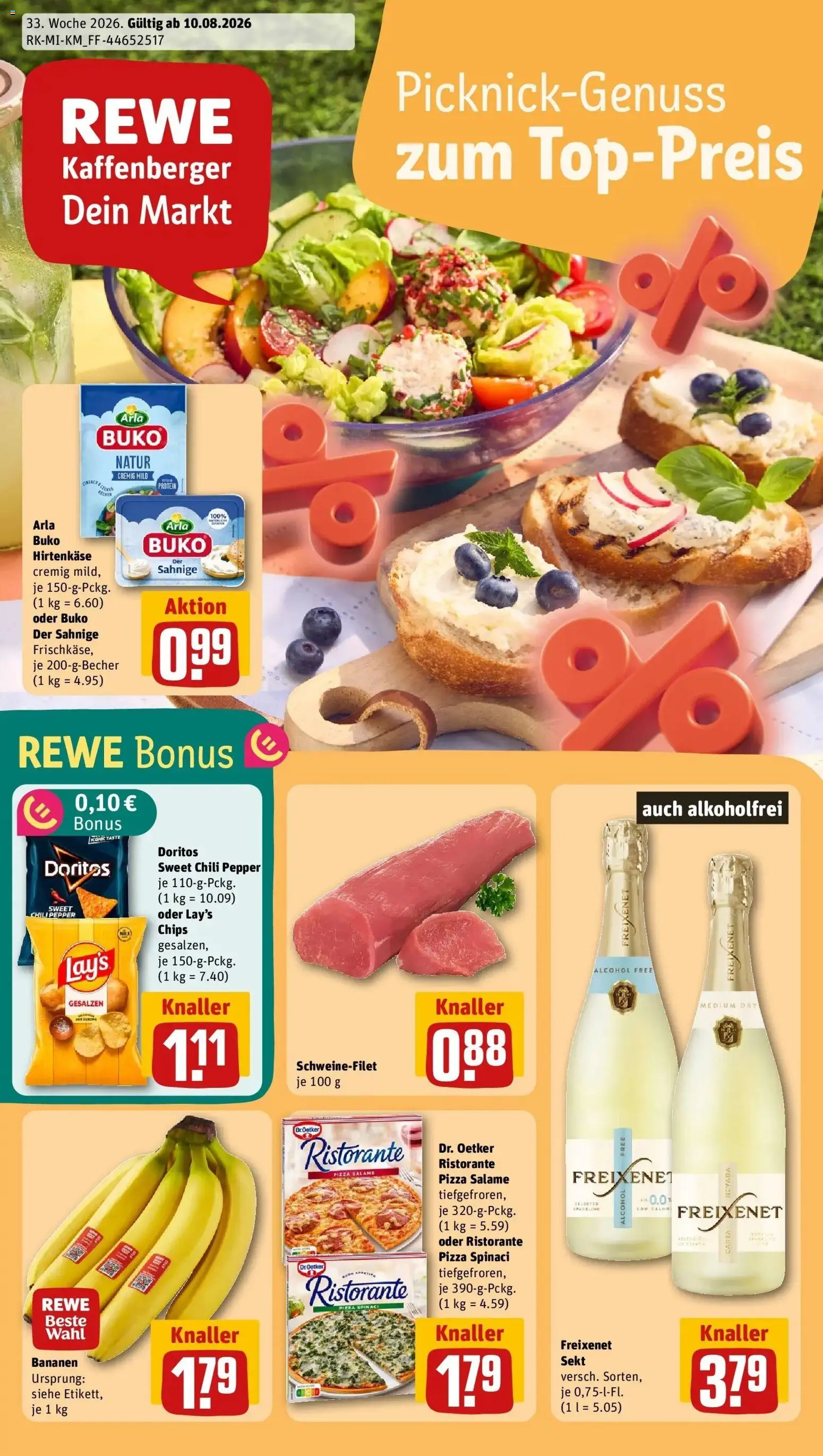 REWE Prospekt ab 10.08.2026 zum Blättern » Angebote | Seite: 1 | Produkte: Ristorante, Arla buko, Chili, Pizza