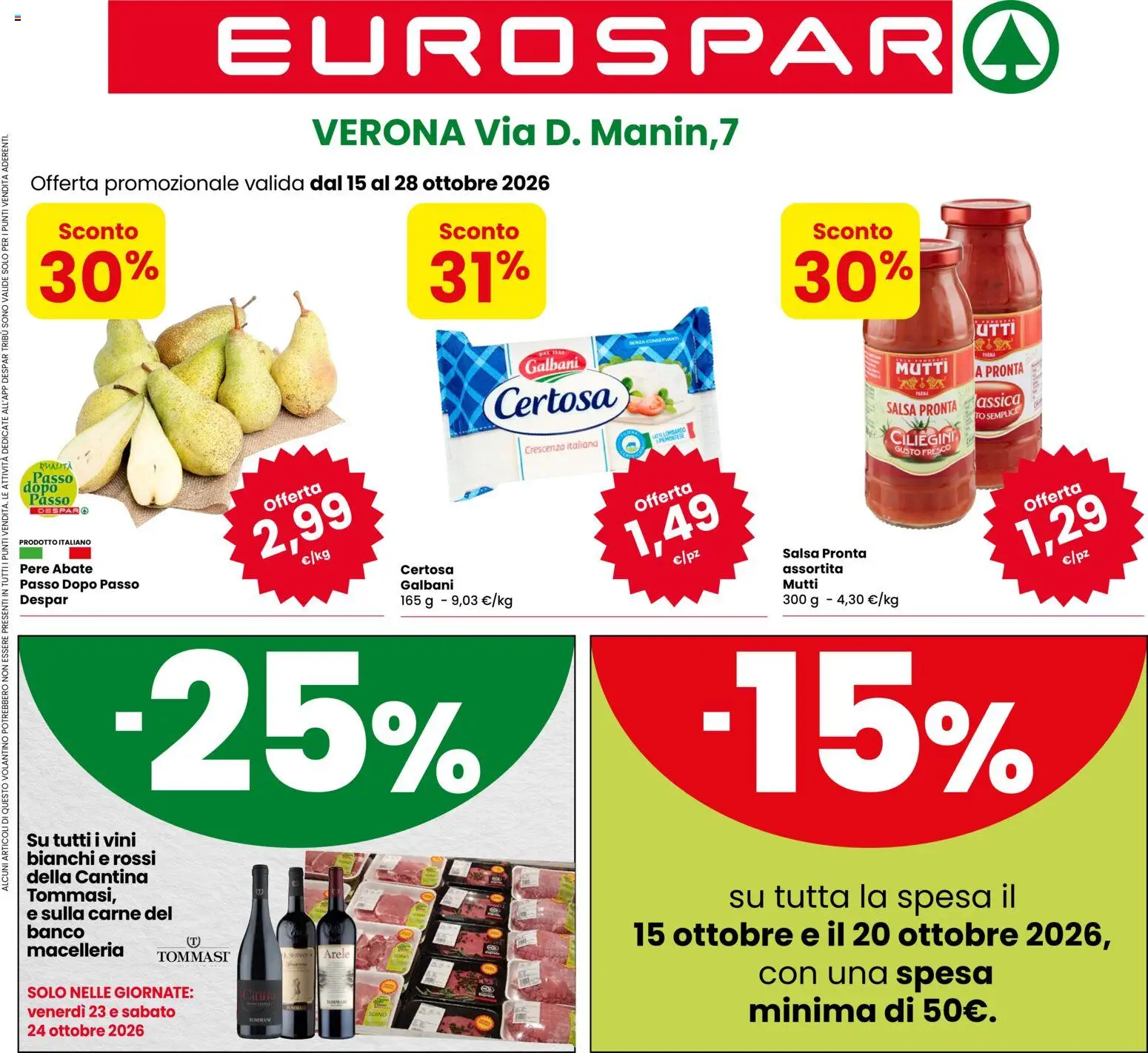 Volantino Eurospar del 15/10/2026 | Pagina: 1 | Prodotti: Pere, Carne, Mutti, Crescenza