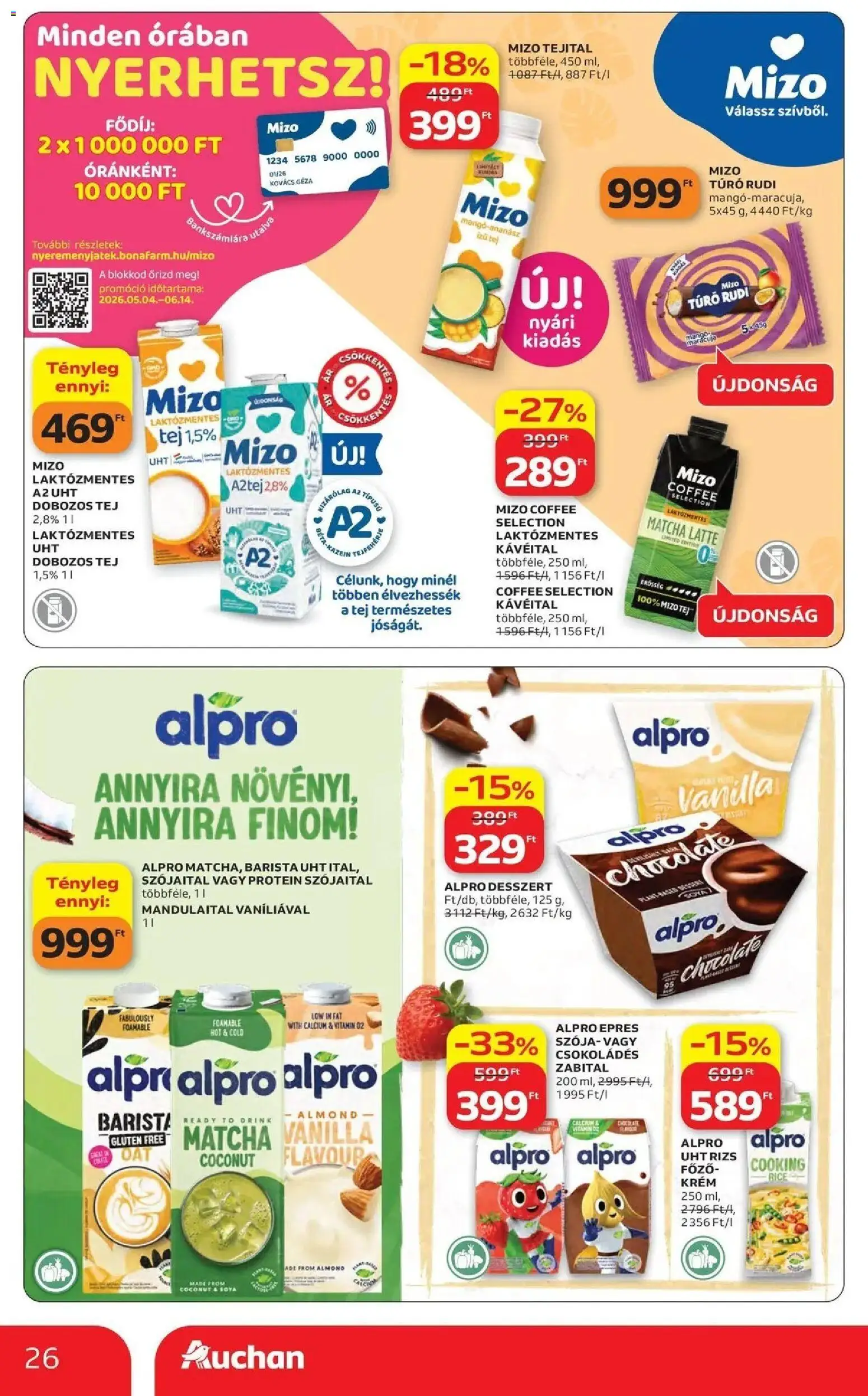 Auchan akciós ujság - amely érvényes a következő dátumtól: 14.05.2026 | Oldal: 26 | Termékek: Mandulaital, Alpro, Protein, Túró