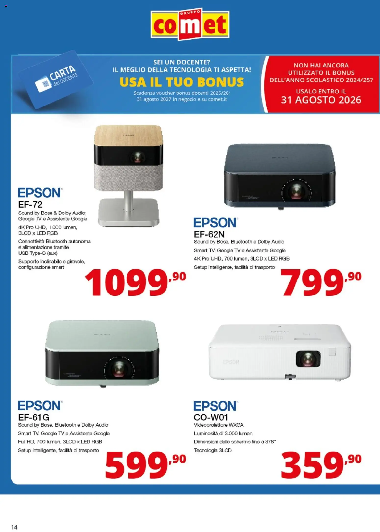 Volantino Comet del 27/08/2026 | Pagina: 14 | Prodotti: Schermo, TV, Audio, USB