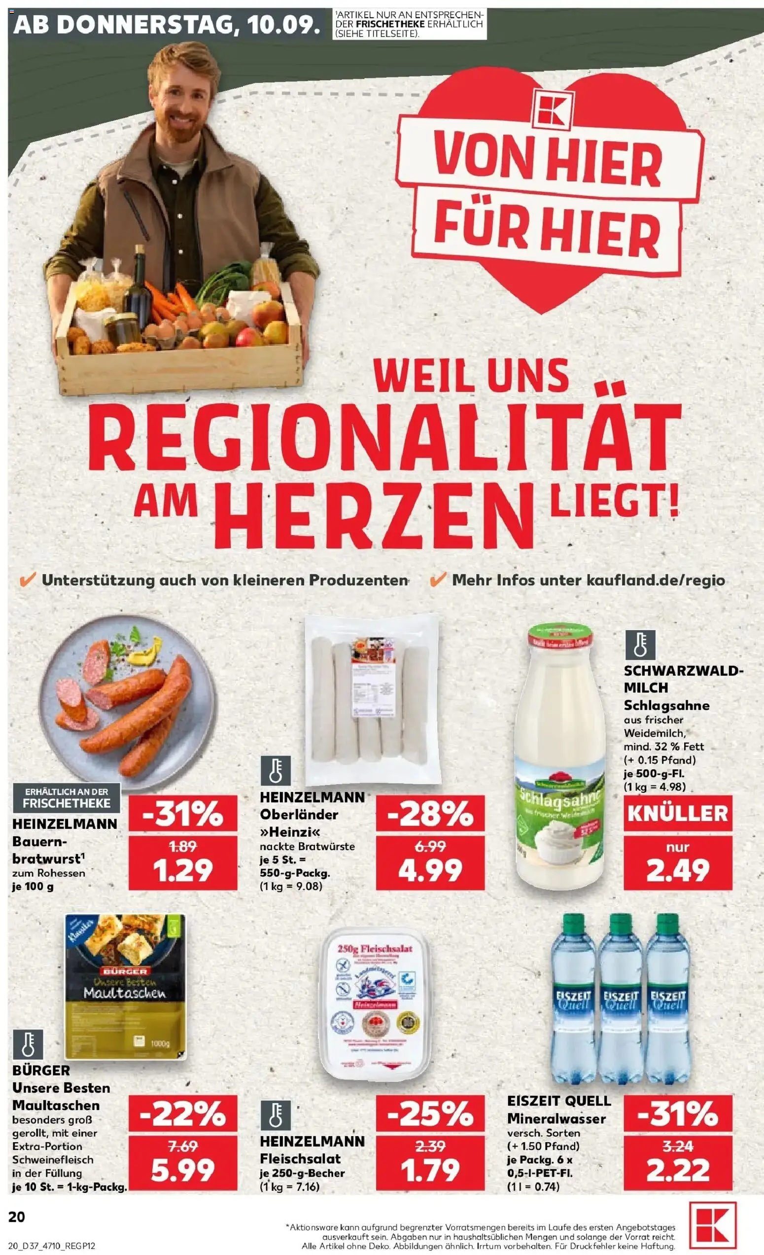 Prospekt Kaufland ab 10.09.2026 » Angebote Online zum Blättern | Seite: 20 | Produkte: Schlagsahne, Burger, Mineralwasser, Maultaschen