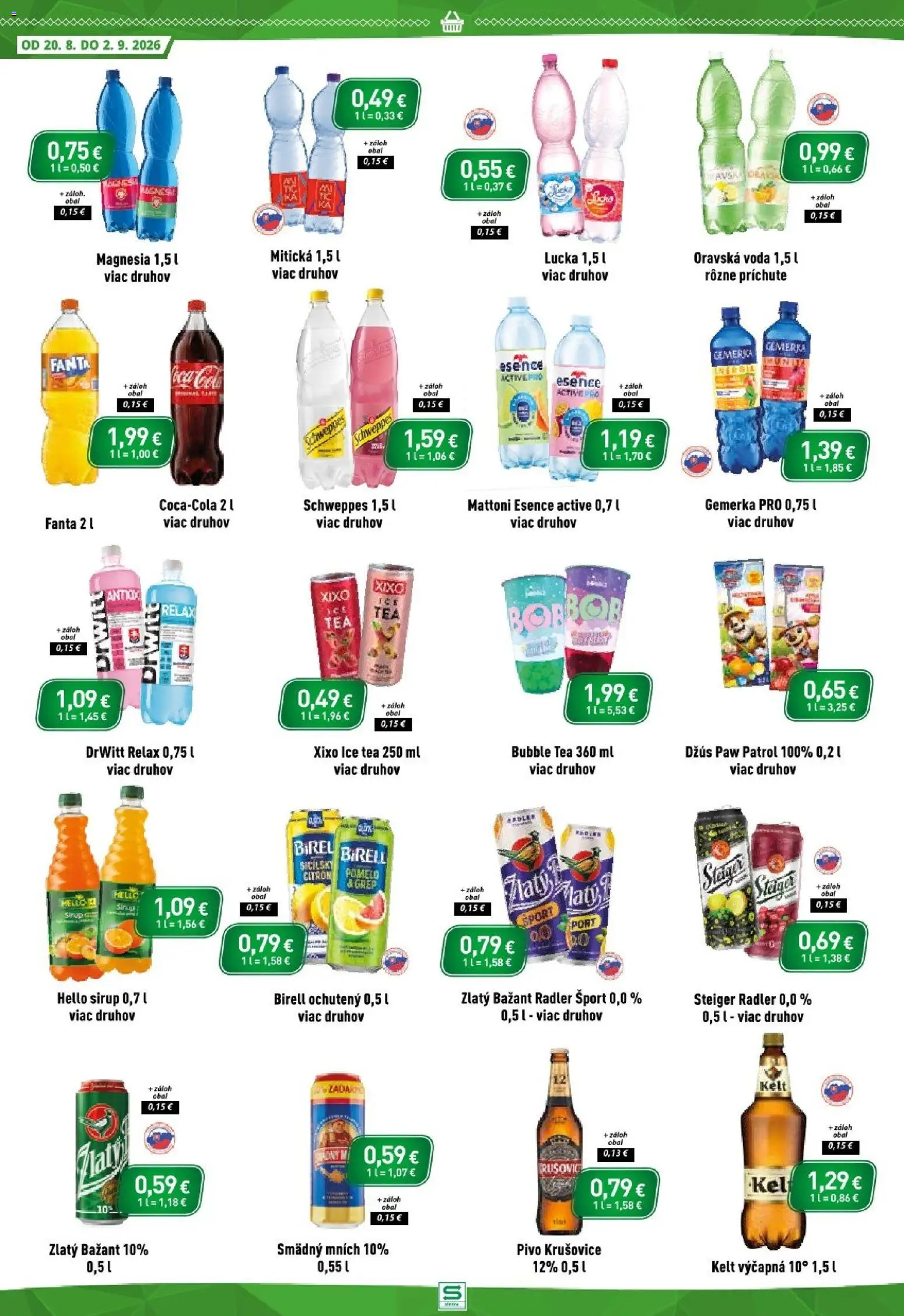 Nové Sintra akcie – leták je platný od 20.08.2026 | Strana: 10 | Produkty: Džús, Birell, Ice Tea, Mitická