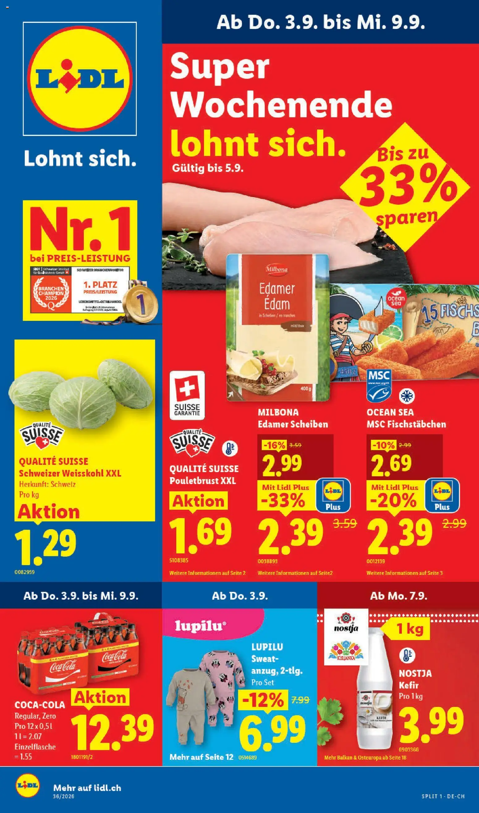 Lidl aktionen – gültig ab 03.09.2026 | Seite: 1 | Produkte: Coca Cola, Pouletbrust, Edamer, Fisch