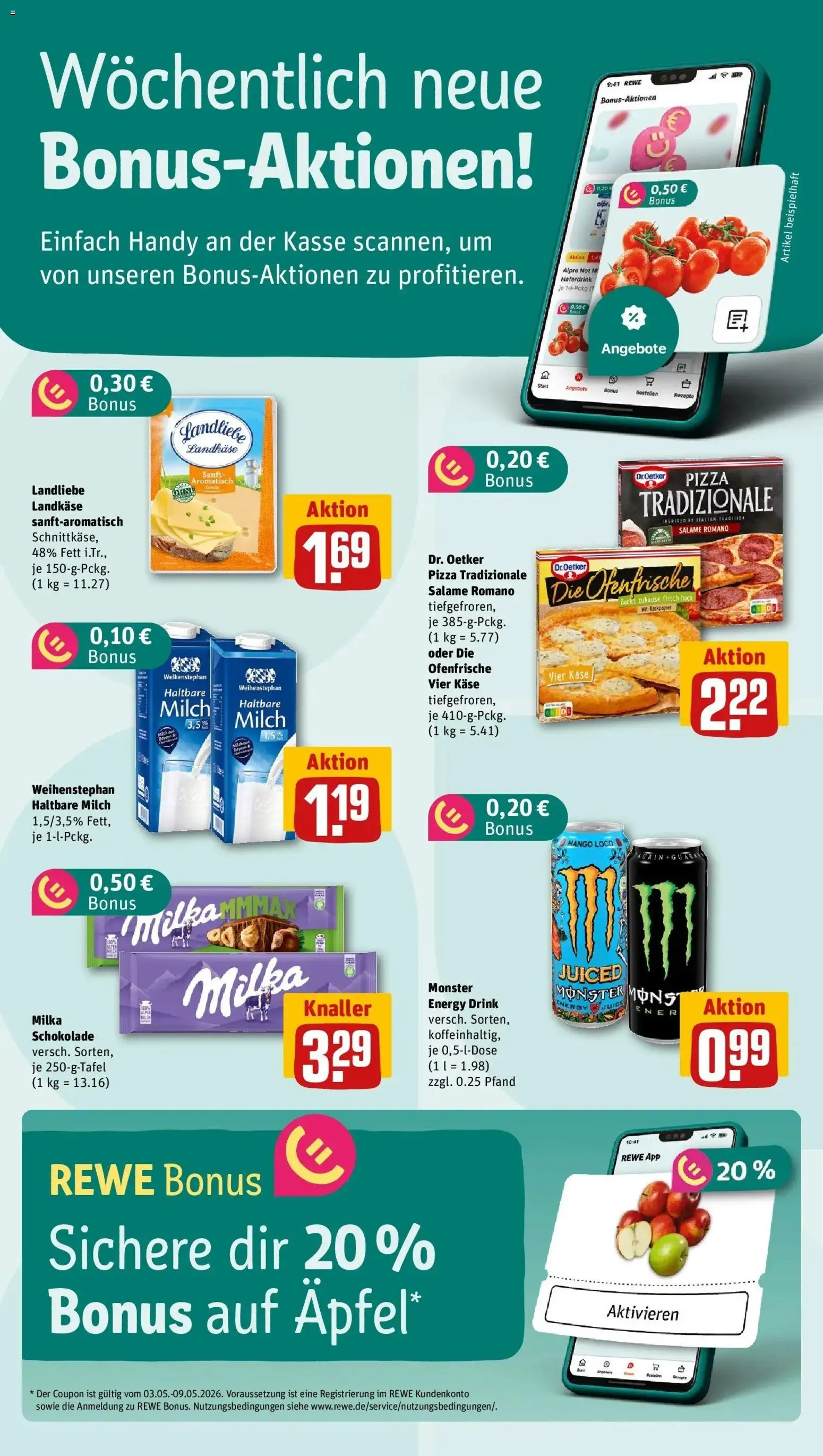 REWE Prospekt ab 04.05.2026 zum Blättern » Angebote | Seite: 4 | Produkte: Milch, Haltbare milch, Monster, Pizza