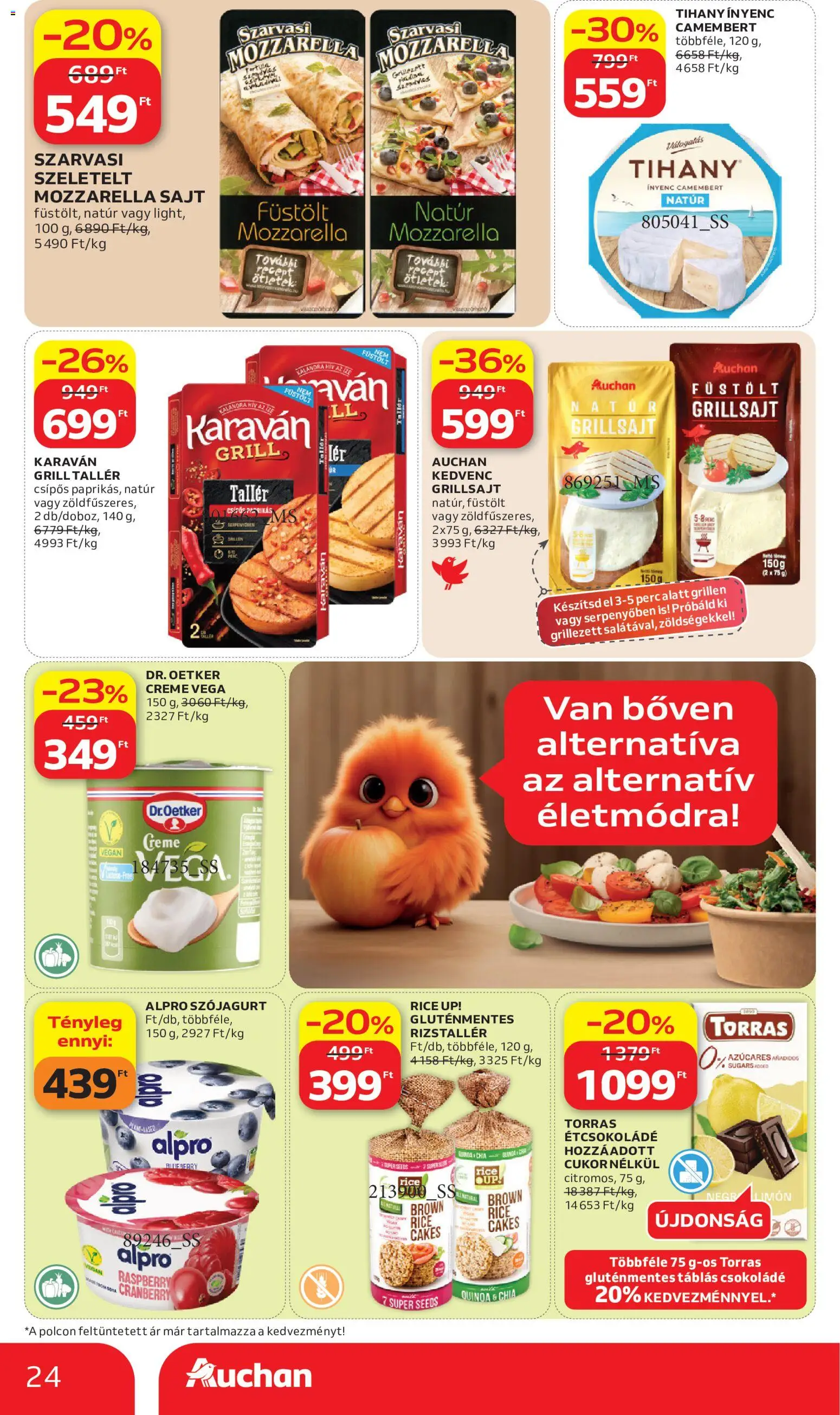 Auchan akciós ujság - amely érvényes a következő dátumtól: 2026.07.02. | Oldal: 24 | Termékek: Grillsajt, Étcsokoládé, Vegán, Camembert