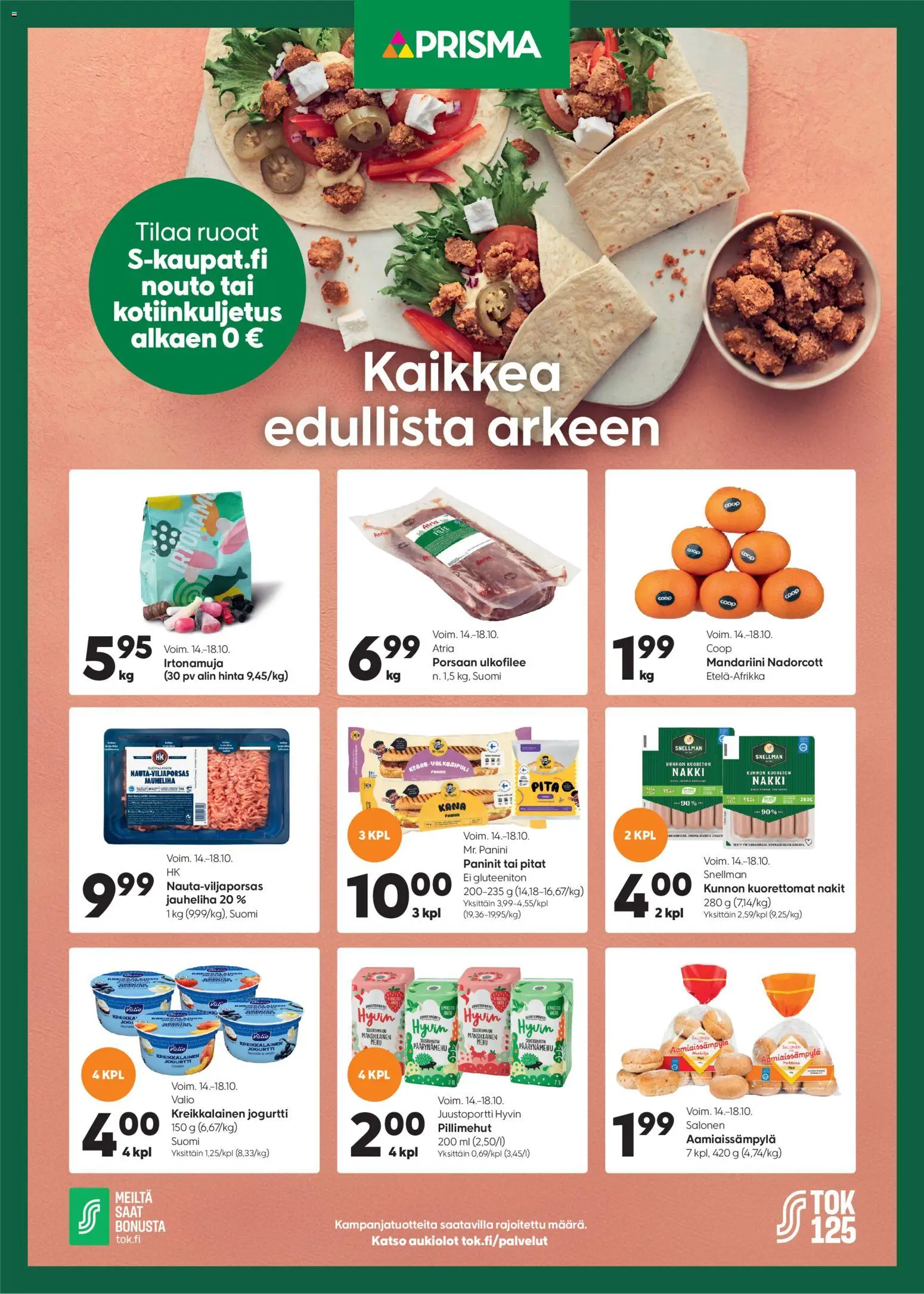 Prisma Kaikkea edullista arkeen – voimassa 14/10/2026 alkaen | Sivu: 1 | Tuotteet: Jauheliha, Kana, Nakit, Jogurtti