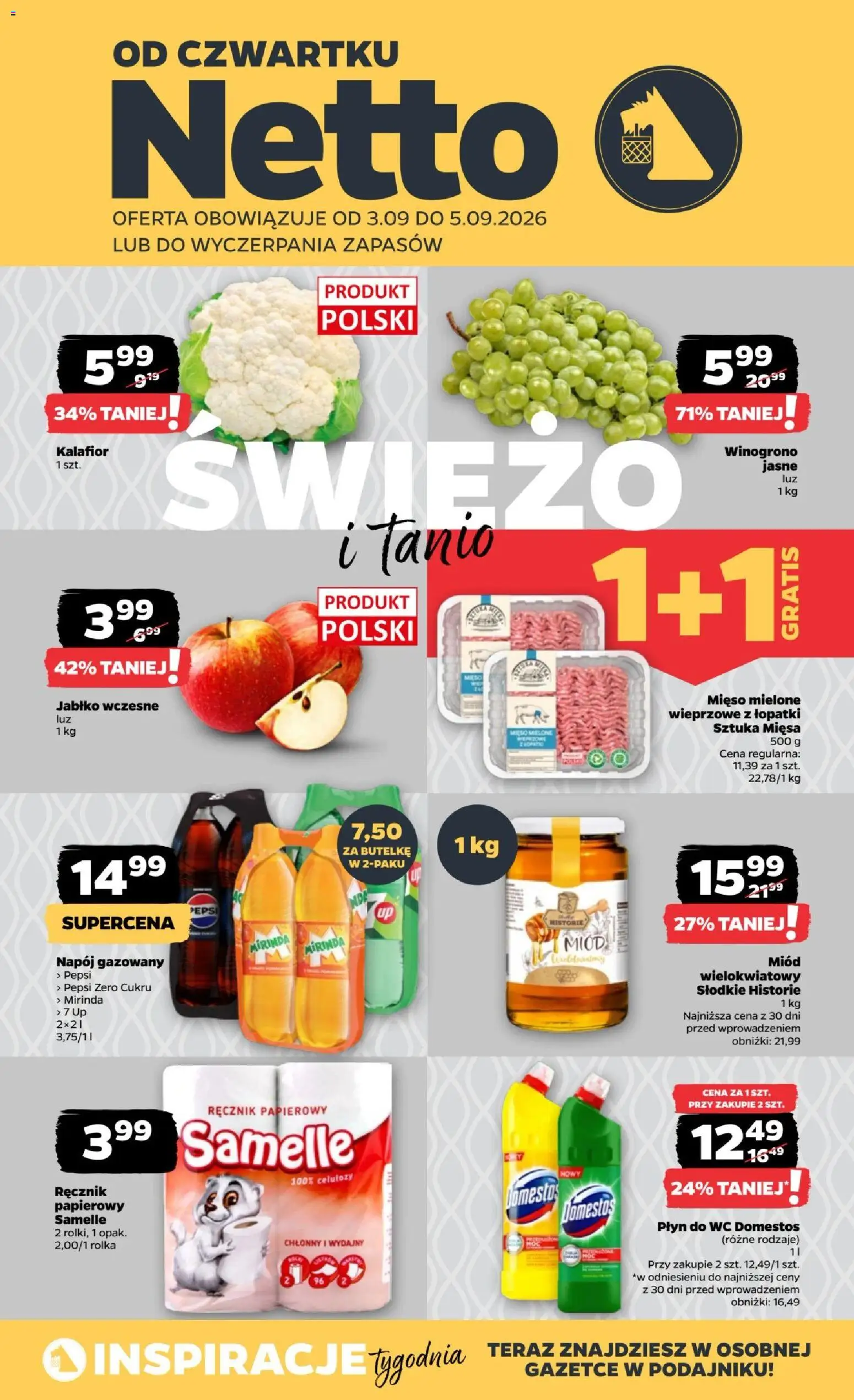 Netto gazetka od czwartku od 03.09.2026 | Strona: 1 | Produkty: Mięso, Pepsi, Miód wielokwiatowy, Pepsi Zero