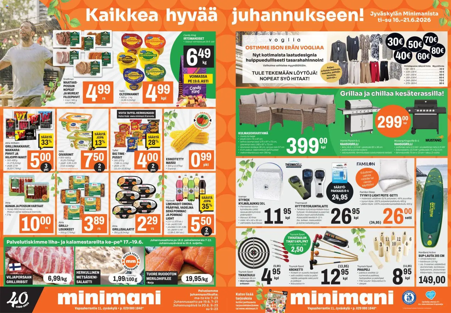 Minimani tarjoukset - Jyväskylä – voimassa 16.06.2026 alkaen | Sivu: 1 | Tuotteet: Maissi, Vartaat, Kaasugrilli, Tikat