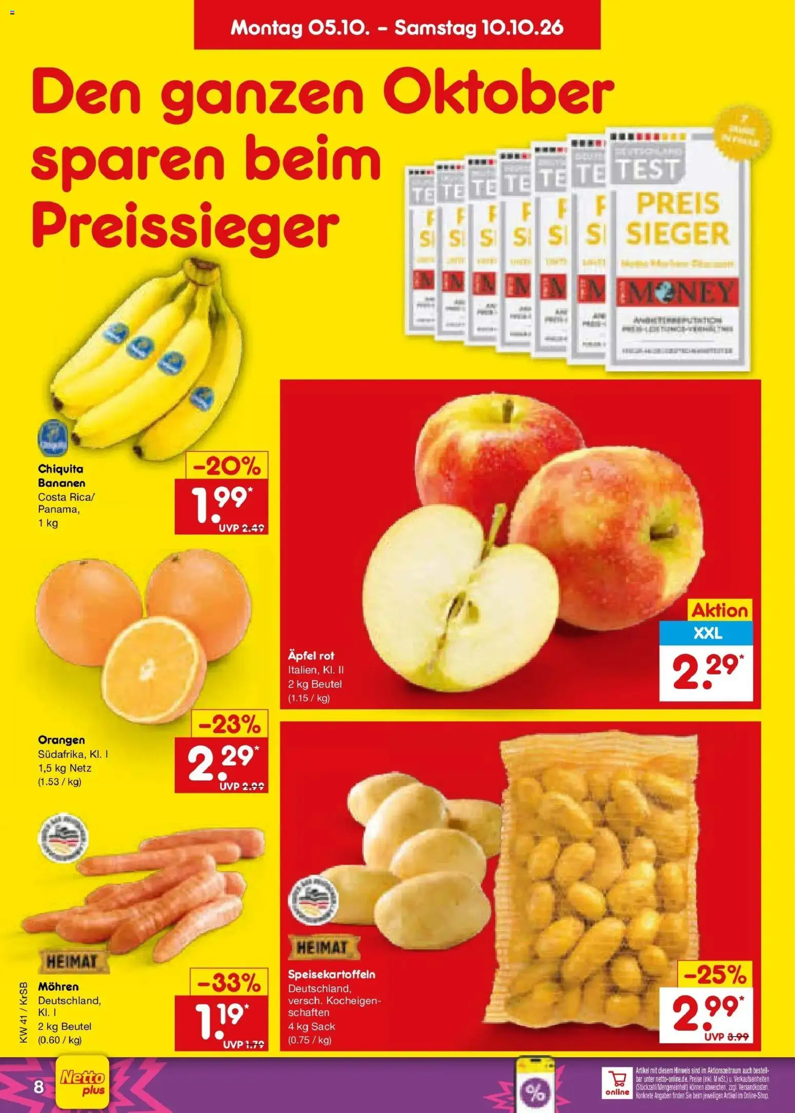 Netto Marken-Discount Prospekt Baesweiler (ab 05.10.2026) » Angebote | Seite: 8 | Produkte: Äpfel, Bananen, Orangen, Mohren