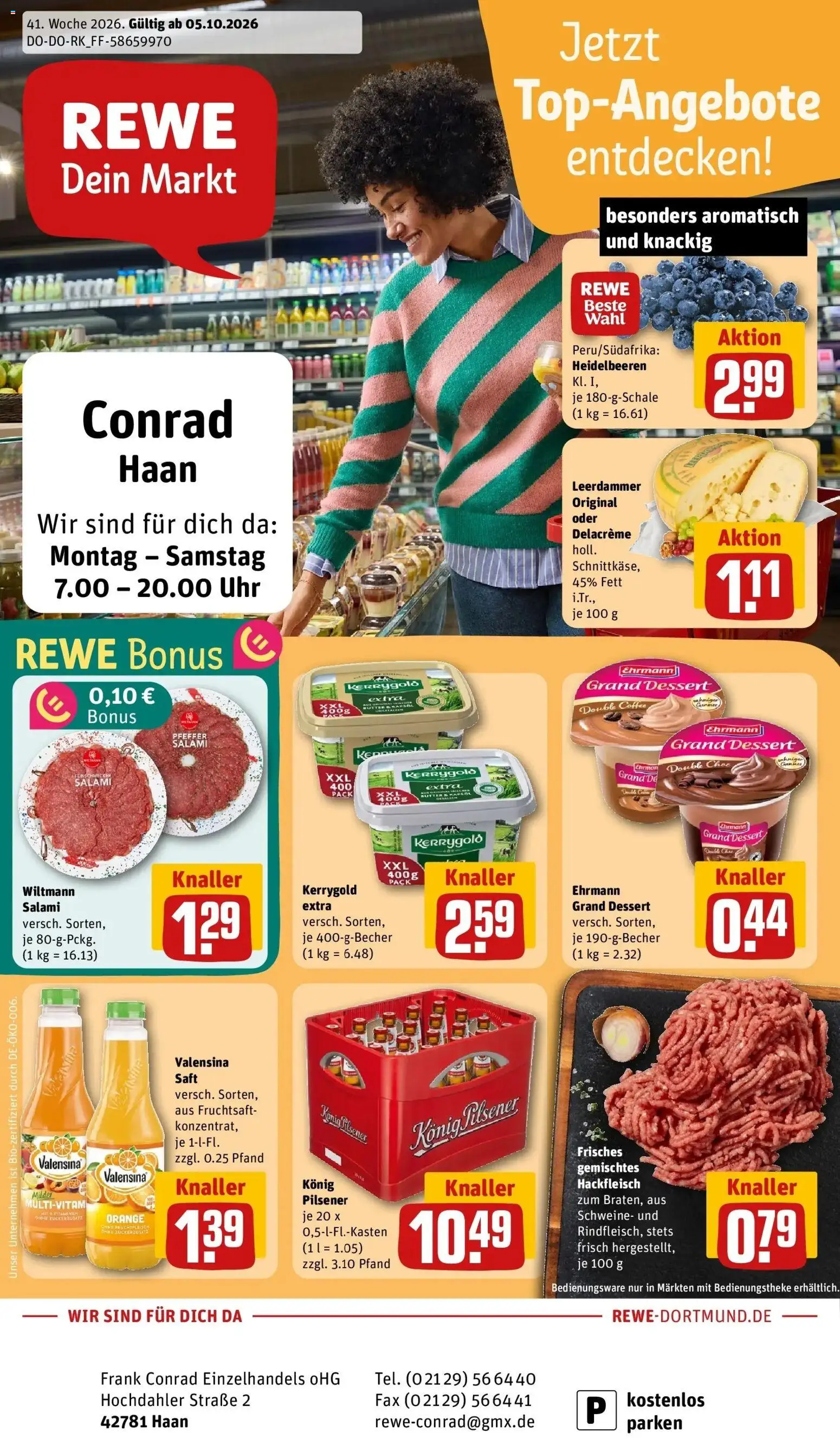 REWE Prospekt ab 05.10.2026 zum Blättern » Angebote | Seite: 1 | Produkte: Konig pilsener, Butter, Ehrmann grand dessert, Heidelbeeren