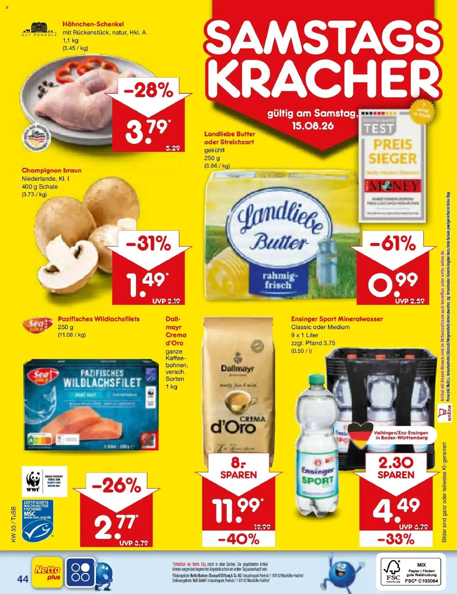 Netto Marken-Discount Prospekt Lahr-Langenwinkel – gültig ab 10.08.2026 | Seite: 60 | Produkte: Hahnchenschenkel, Butter, Mineralwasser, Bilder