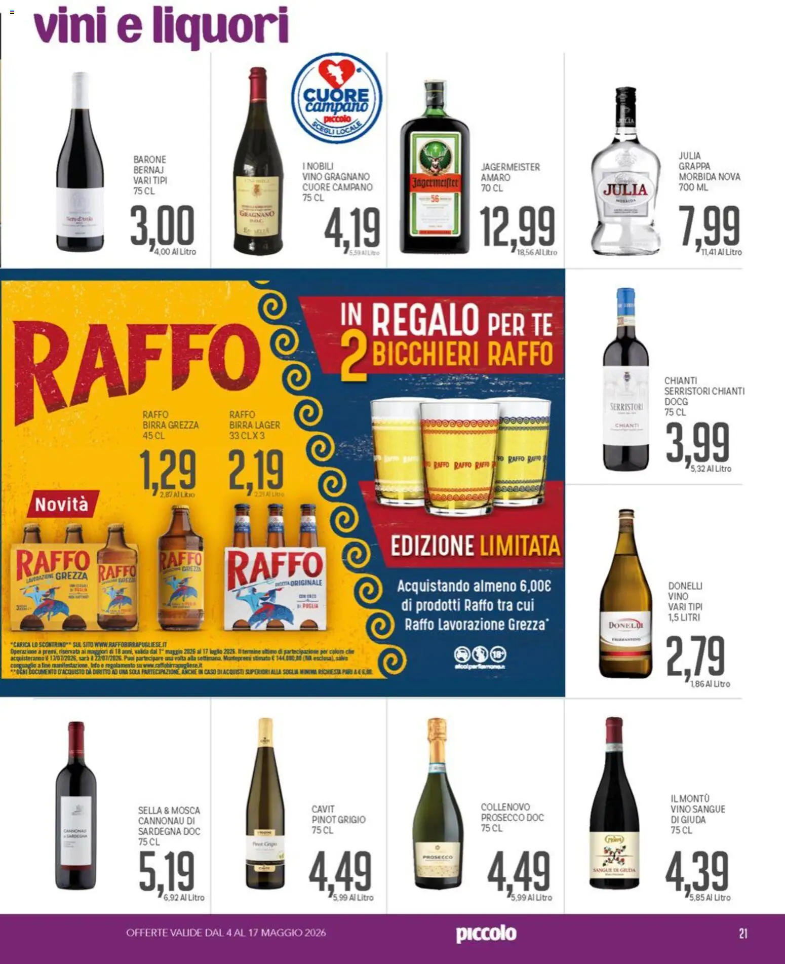 Volantino Piccolo del 04.05.2026 | Pagina: 21 | Prodotti: Birra, Tè, Prosecco, Grappa