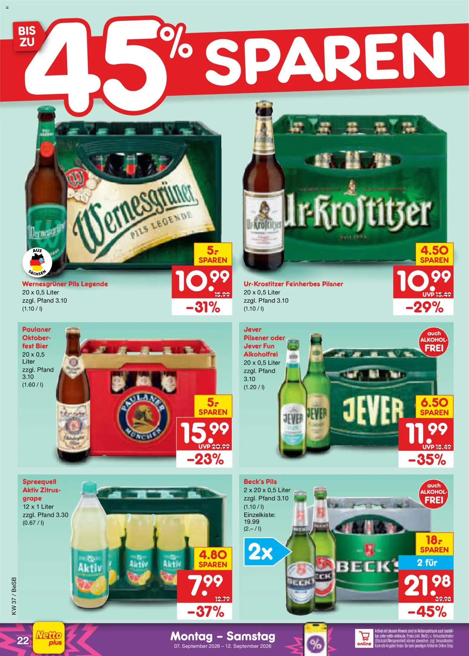 Netto Marken-Discount Prospekt – gültig ab 07.09.2026 | Seite: 32 | Produkte: Pils, Wernesgruner, Alkohol, Jever