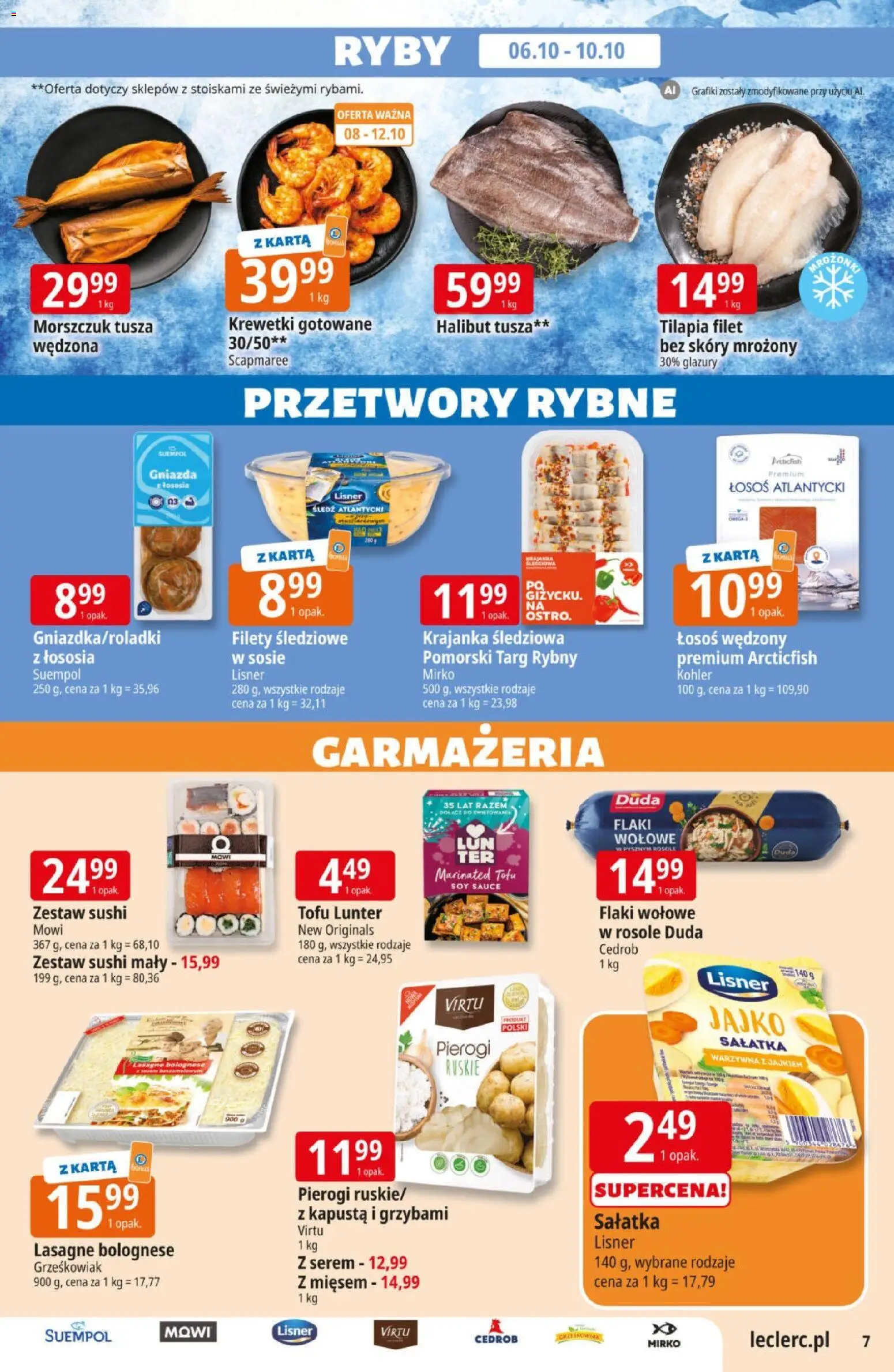 E.Leclerc gazetka od 06.10.2026 | Strona: 7 | Produkty: Śledź, Pierogi, Flaki wołowe, Sałatka
