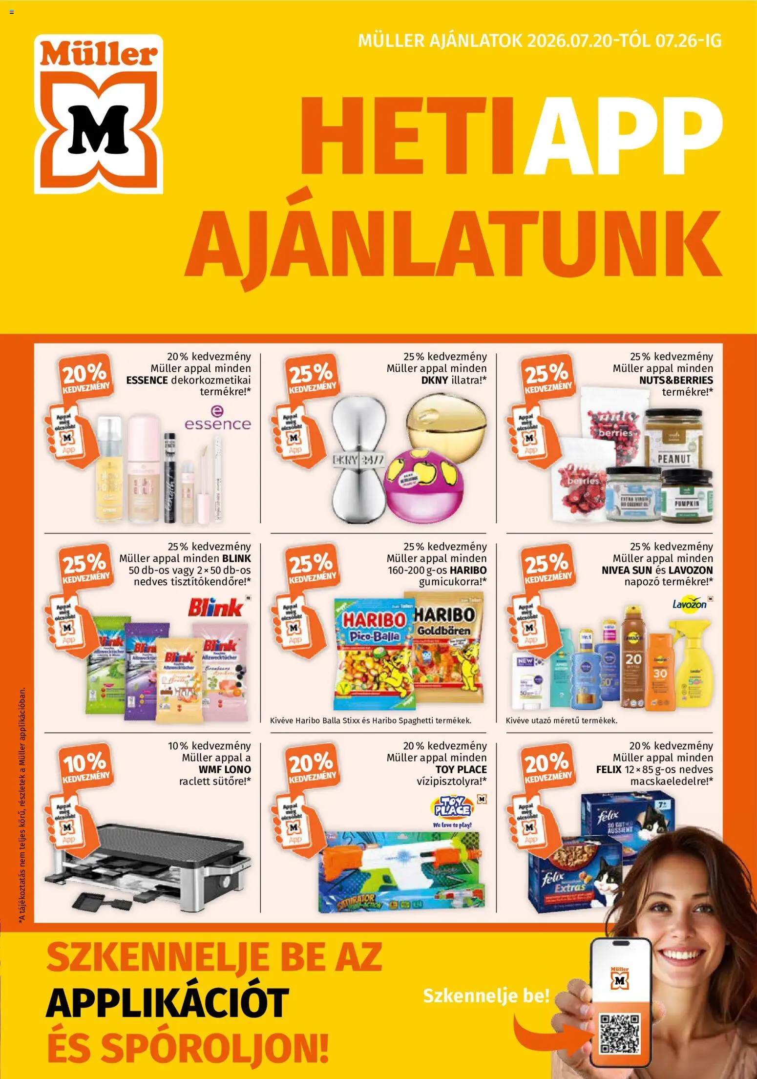 Müller akciós ujság - amely érvényes a következő dátumtól: 2026.07.20. | Oldal: 1 | Termékek: Haribo, Müller, Nivea, Felix